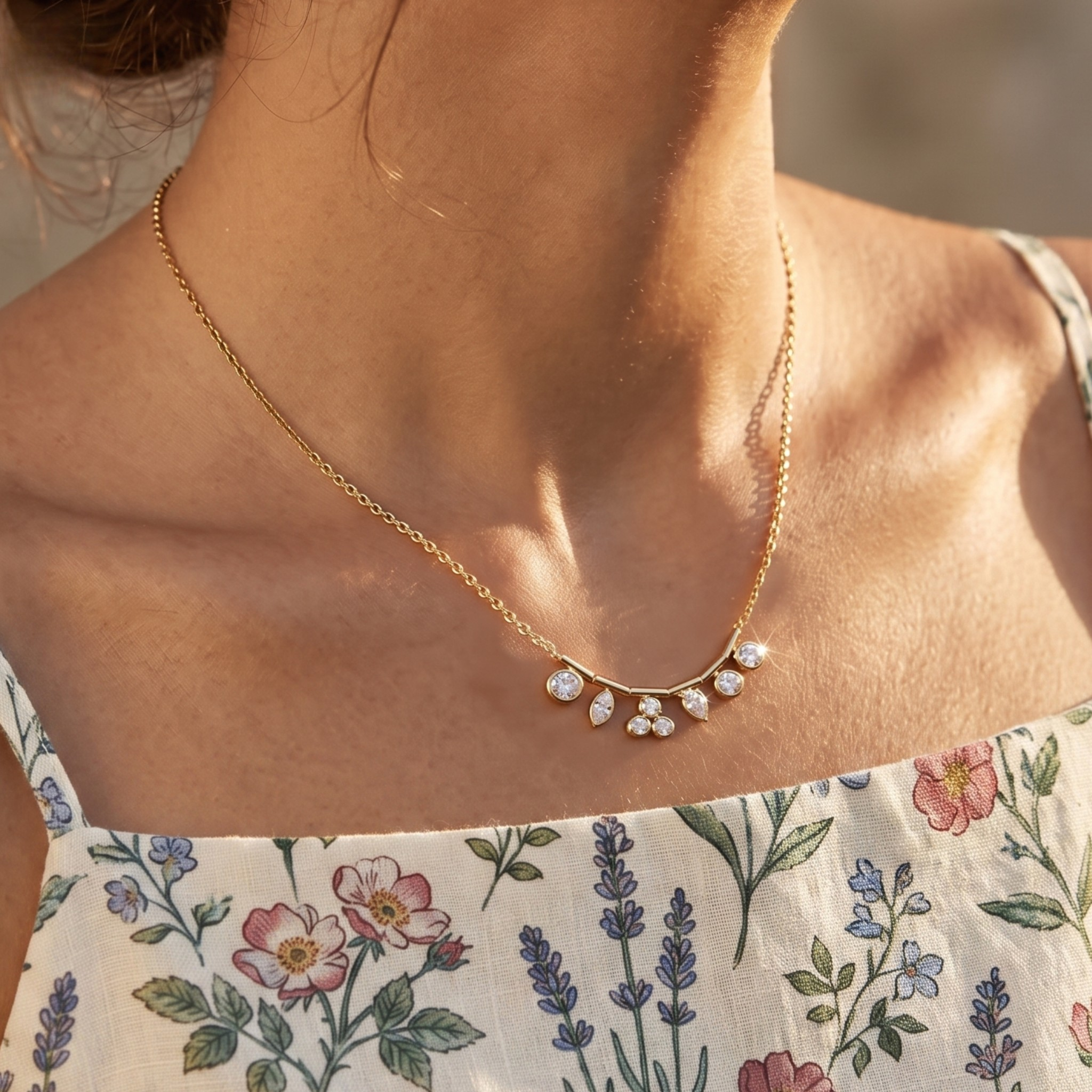 A close-up of a woman's neck and upper chest wearing a delicate gold necklace with small clear stones set in a curved row. The necklace is shown against warm sunlight, with a floral off-white top visible below.