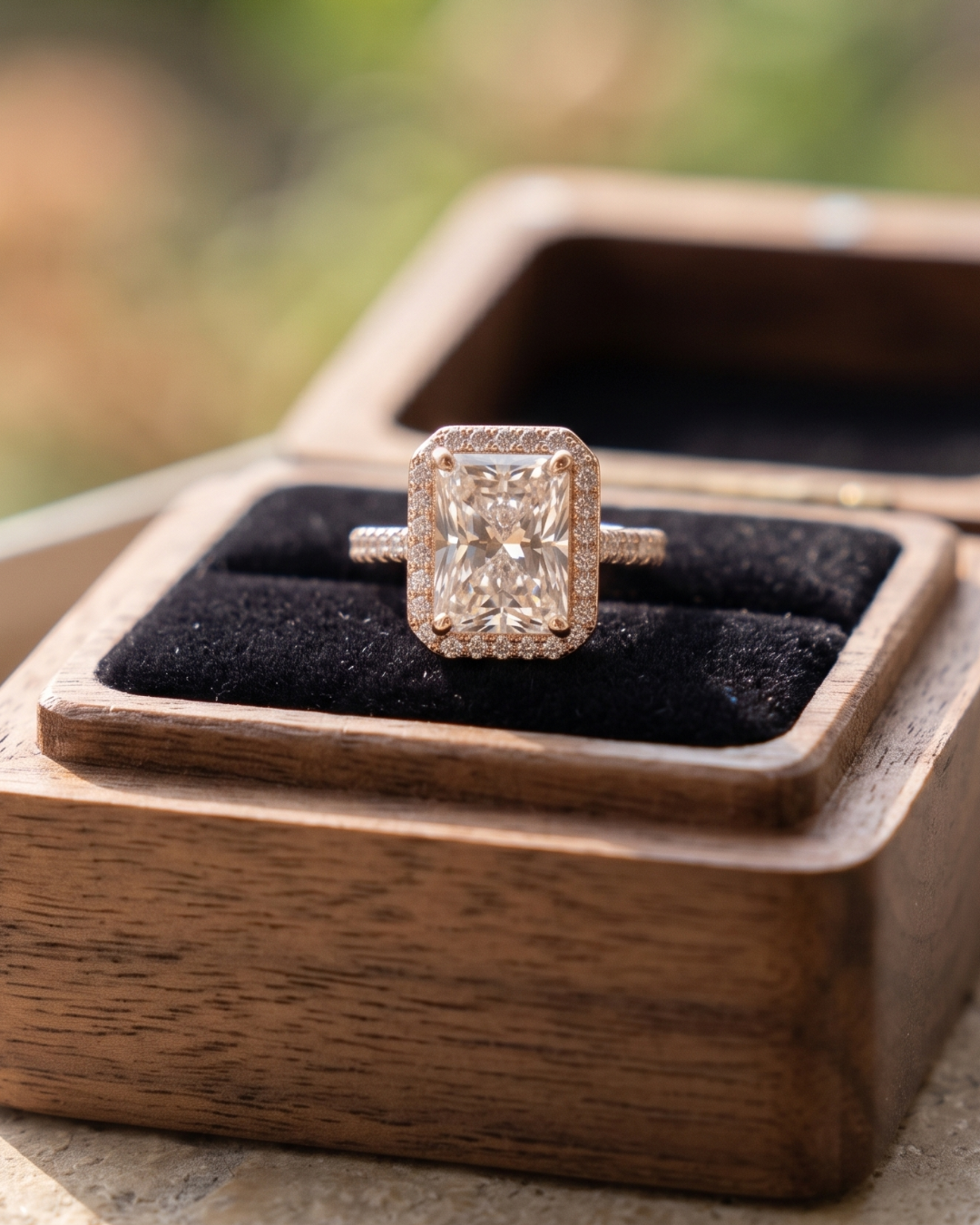 Kiashaa Jewellery radiant lab-grown diamond halo ring in rose gold with round diamonds on the elegant band.