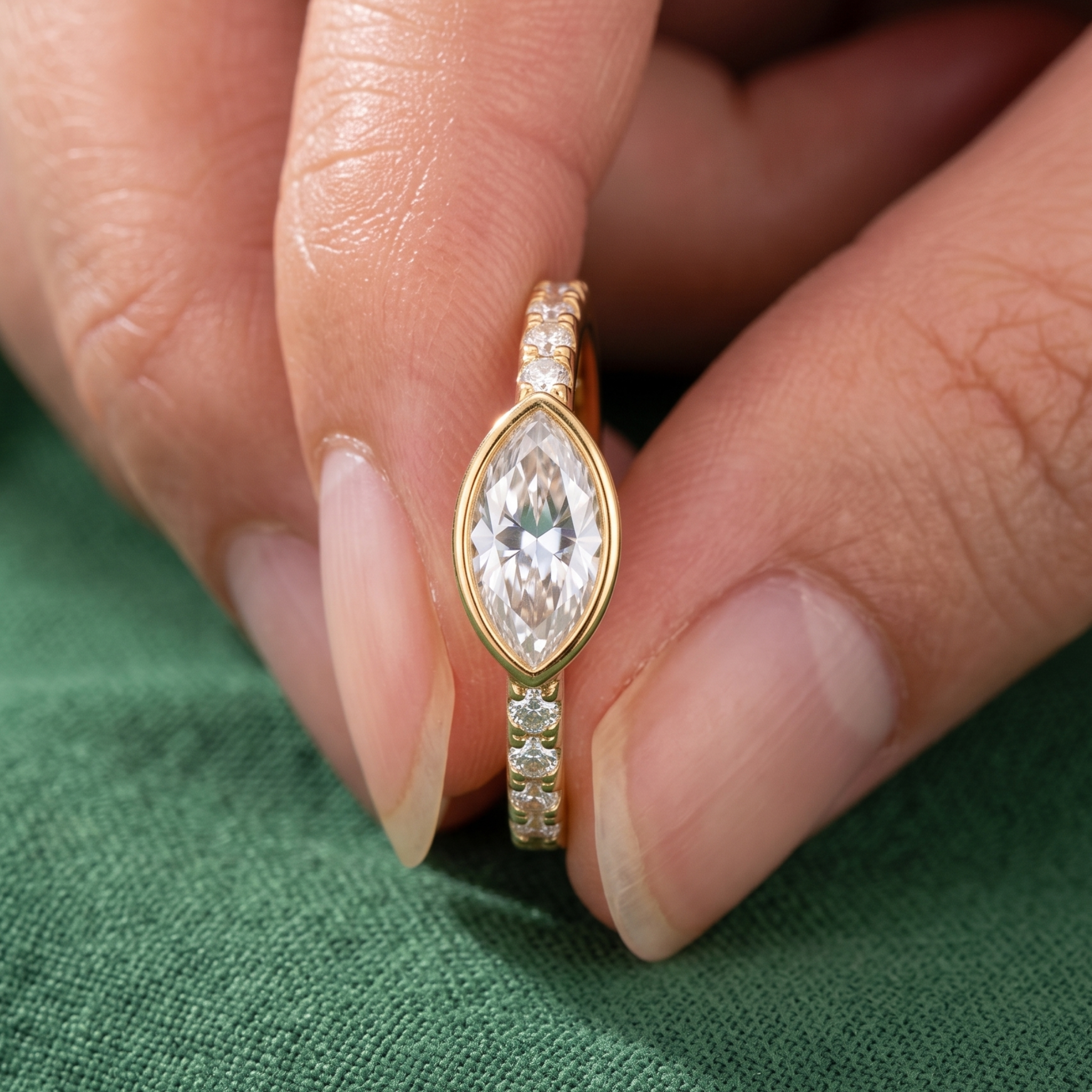 Horizontal marquise diamond engagement ring by Kiashaa Jewellery