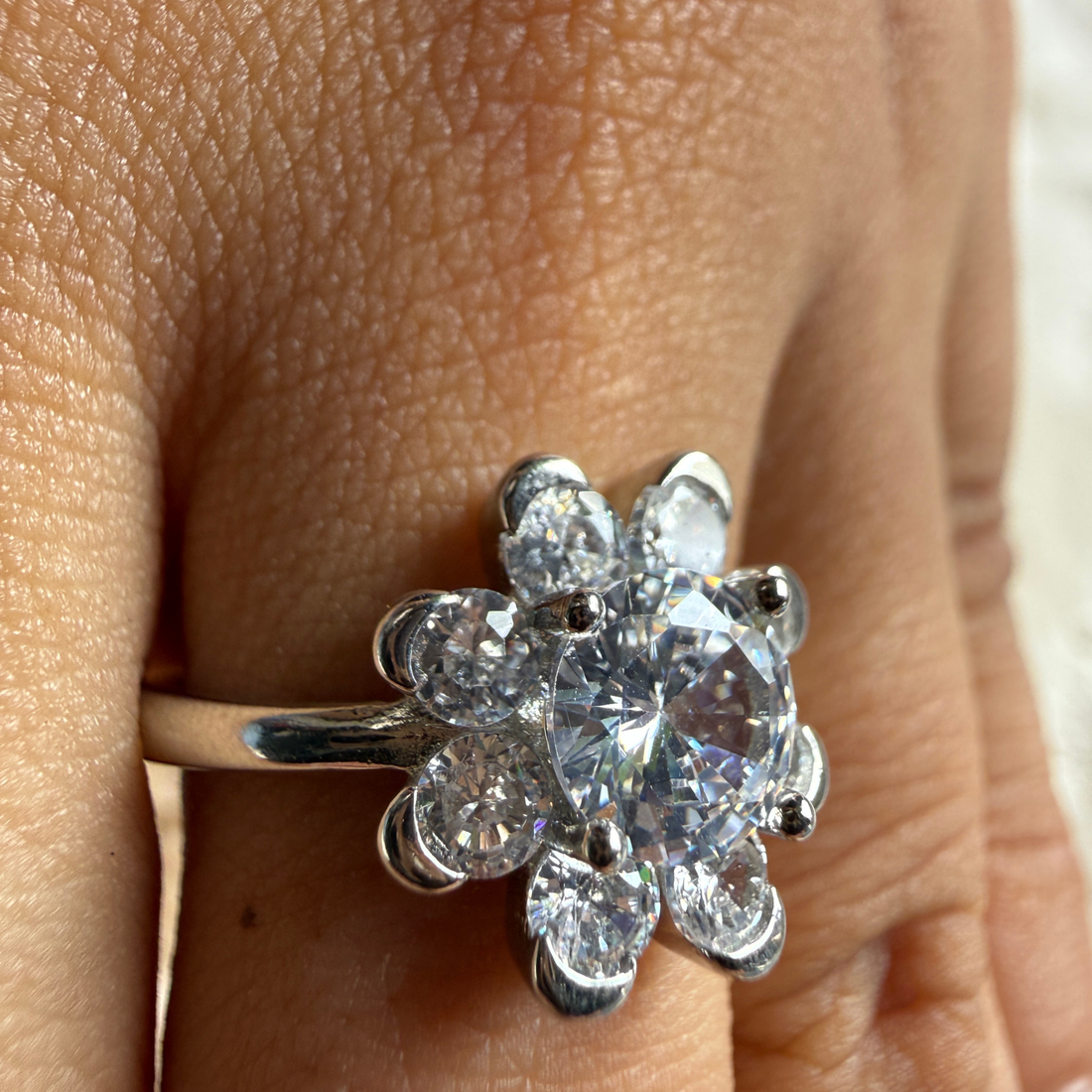 Round floral lab-grown diamond cluster ring in white gold by Kiashaa Jewellery.