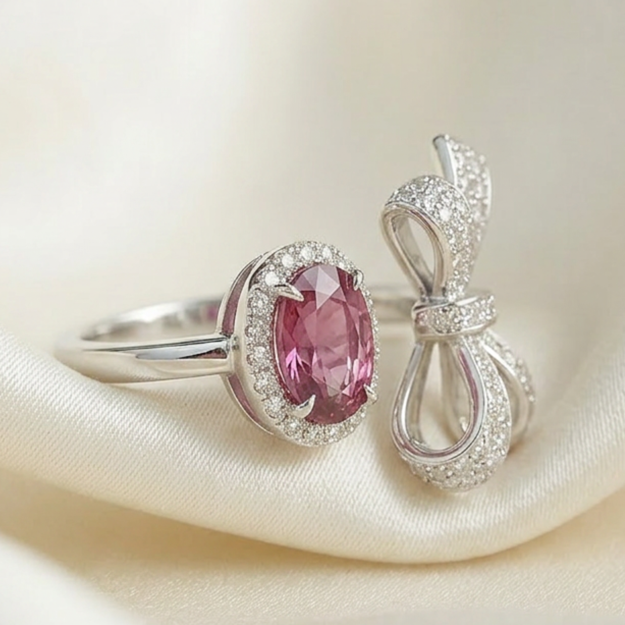 Rosette Bow 3 CTW pink oval diamond open ring by Kiashaa Jewellery in white gold with a bow-inspired diamond design.