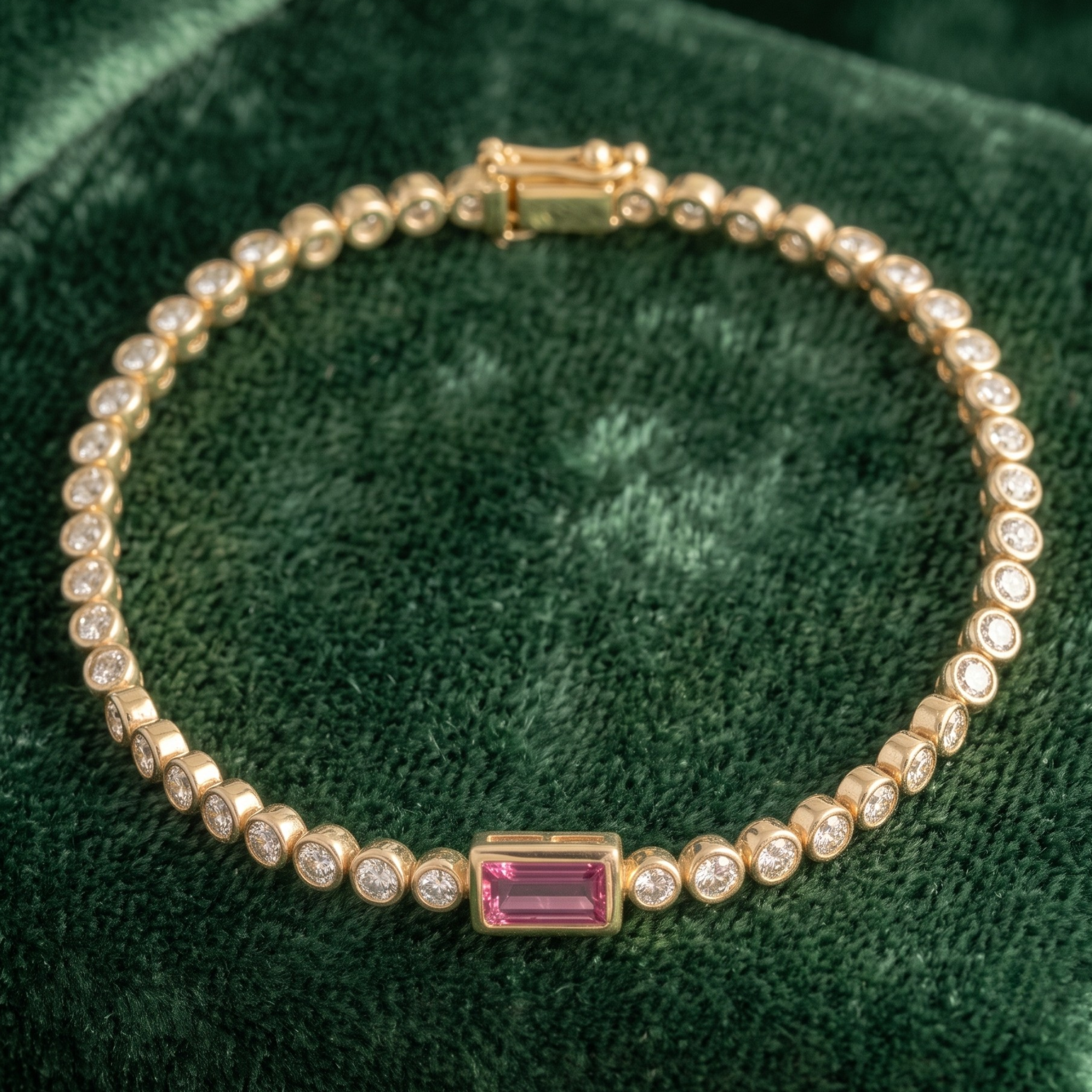 Kiashaa Jewellery 1.75 CTW diamond tennis bracelet with pink baguette center stone in yellow gold.