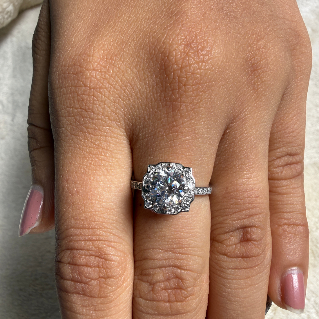 Vintage round lab-grown diamond halo ring in white gold by Kiashaa Jewellery.