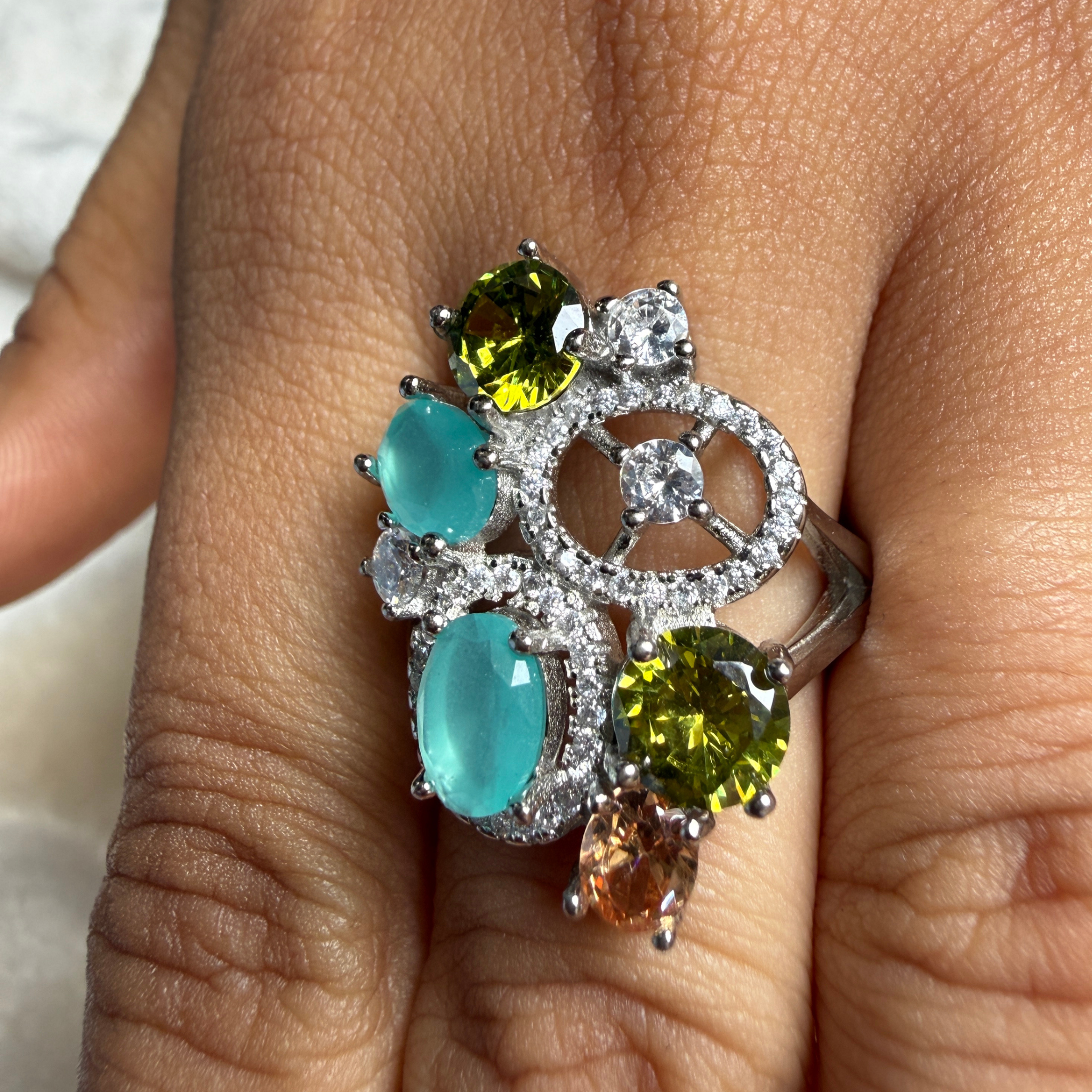 Multicolor gemstone and lab-grown diamond statement ring by Kiashaa Jewellery.