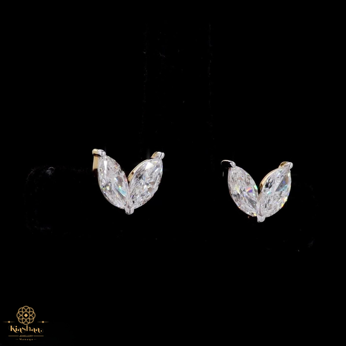 Double Marquise Diamond Leaf Stud Earrings in 9K, 14K & 18K Gold