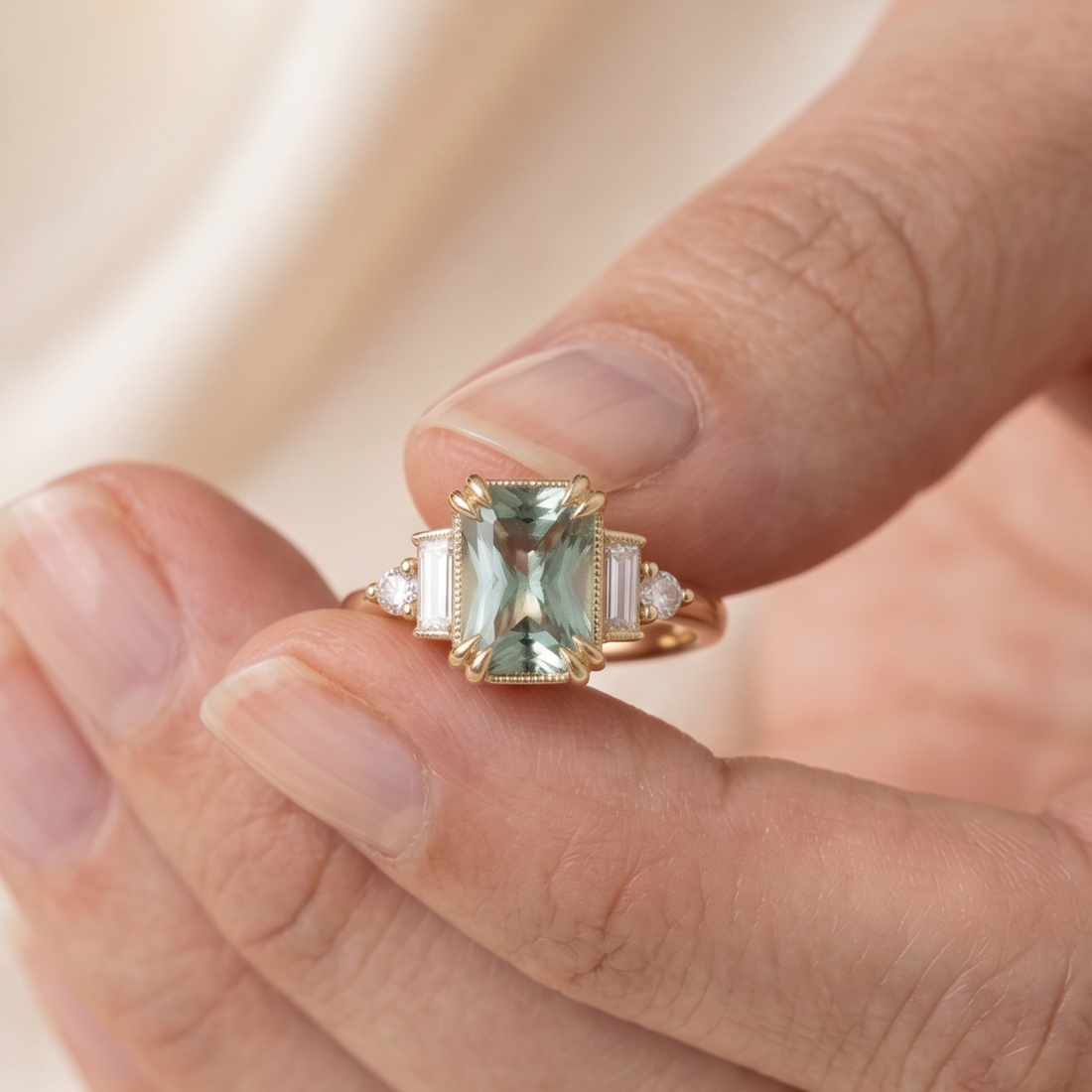 8 × 6 mm green gemstone ring with emerald-cut diamond side stones
