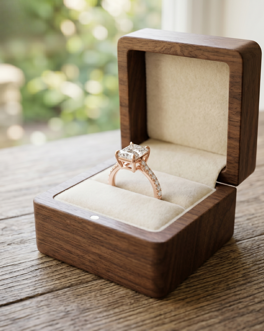 Elegant radiant and round lab-grown diamond ring by Kiashaa Jewellery in rose gold for engagements and proposals.