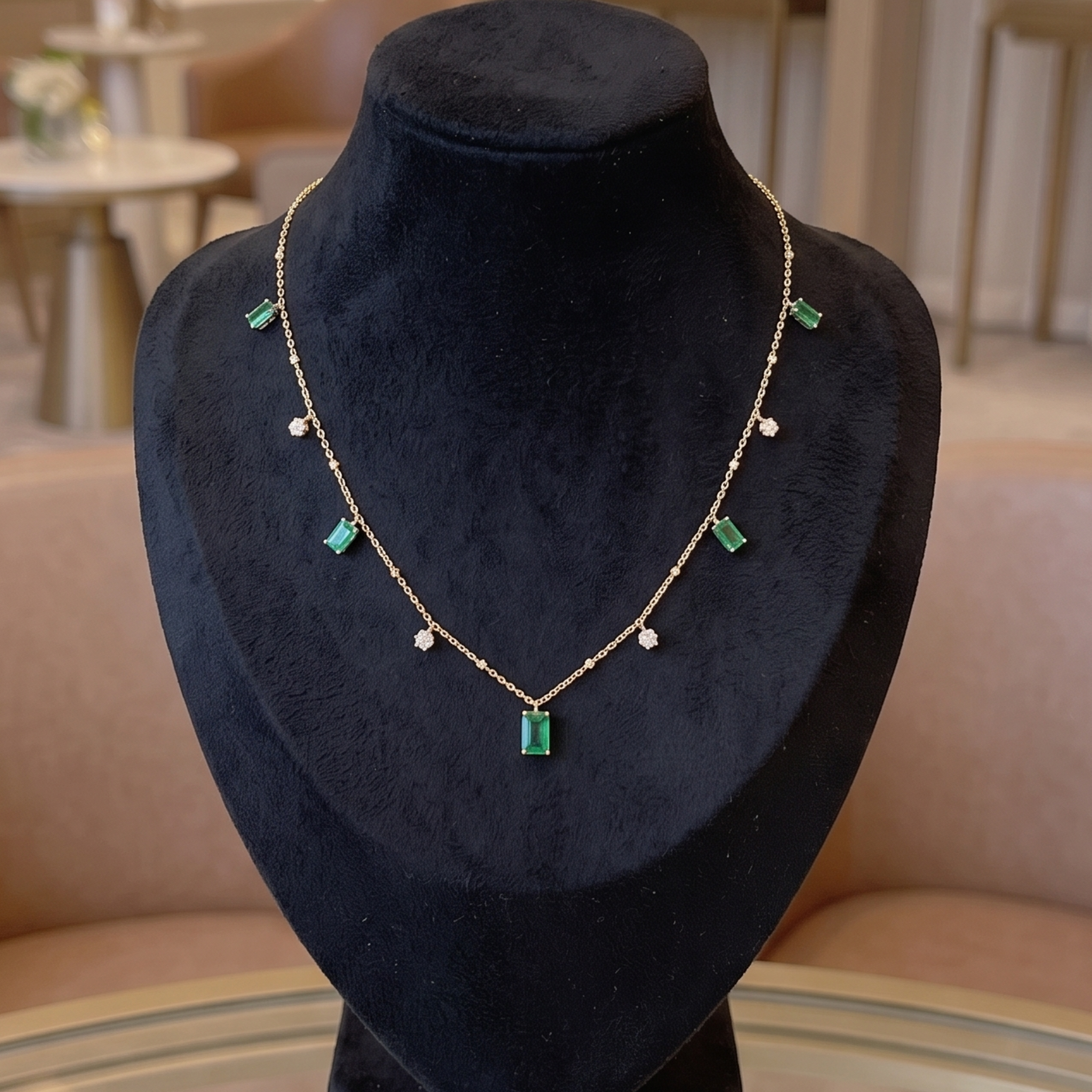 A delicate gold chain necklace with green rectangular and round gemstones, displayed on a black velvet jewelry bust in an indoor setting.