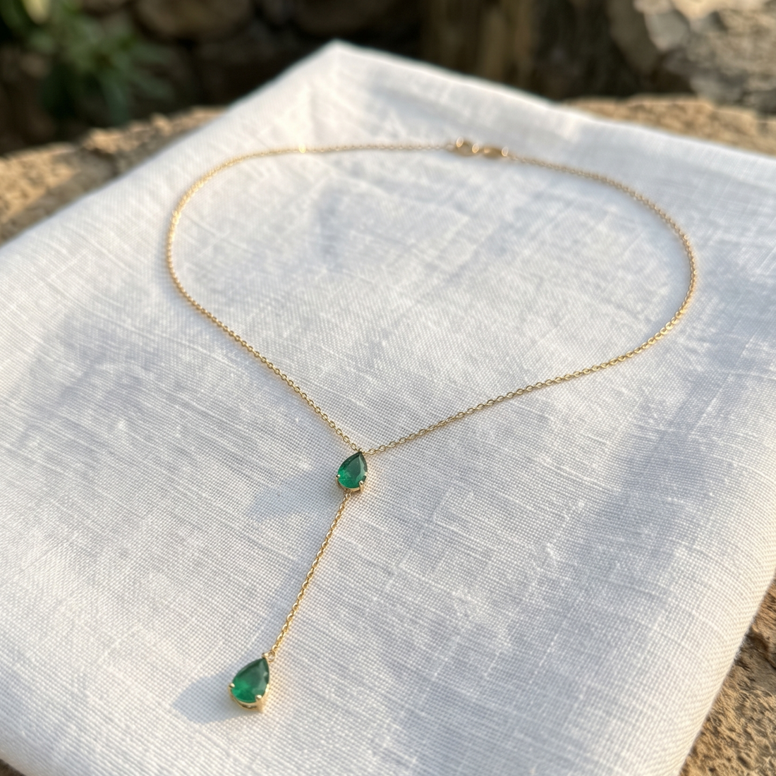 Emerald Drop 1.50 CTW pear gemstone Y-necklace by Kiashaa Jewellery with two 7 × 5 mm green pear stones.