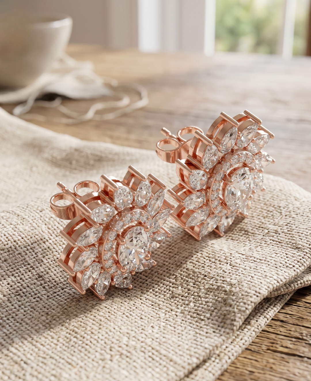 Front view of 3.720 CTW floral diamond earrings displayed as a matching rose gold pair.