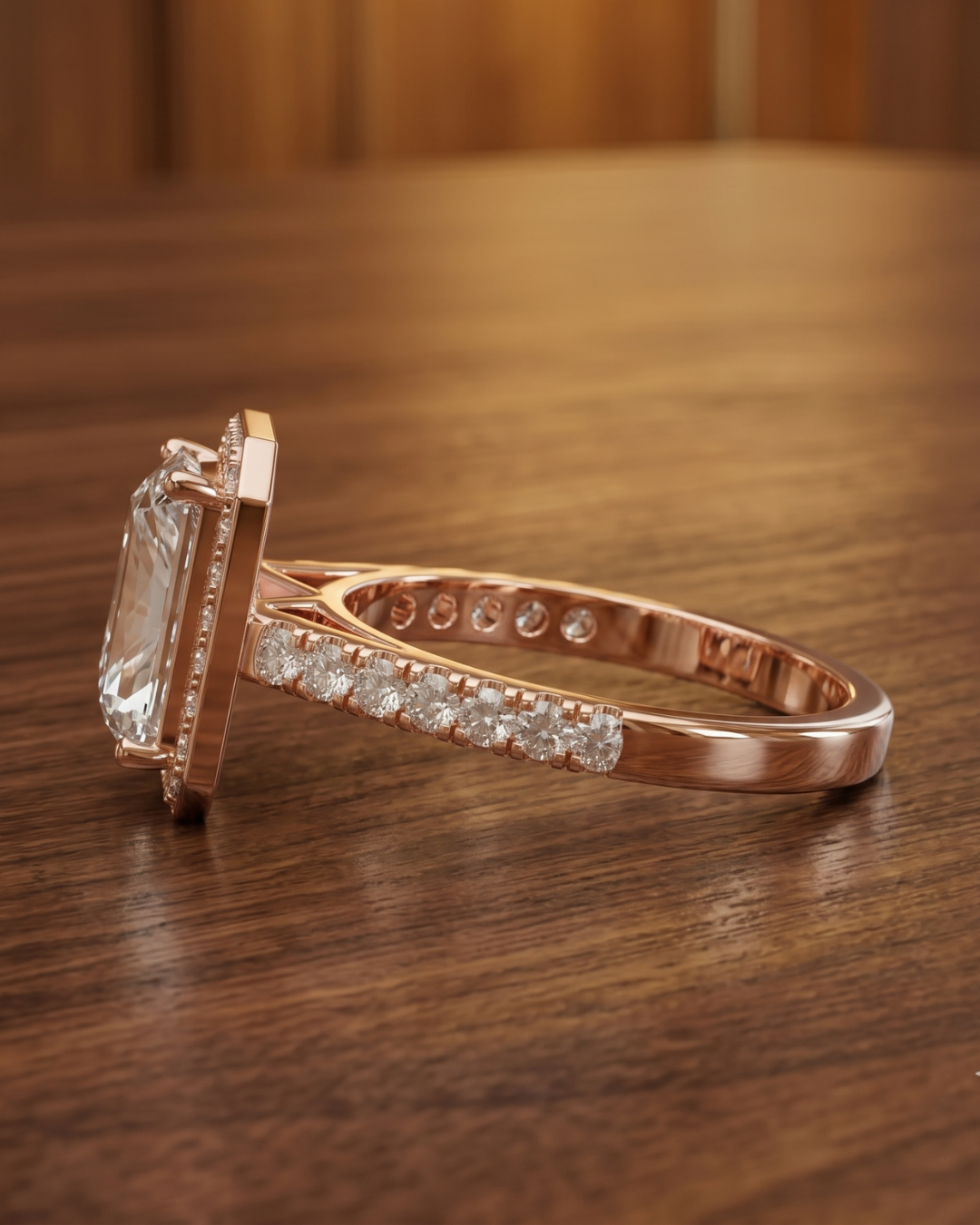 Luxury radiant and round lab-grown diamond ring by Kiashaa Jewellery in rose gold for women and brides.