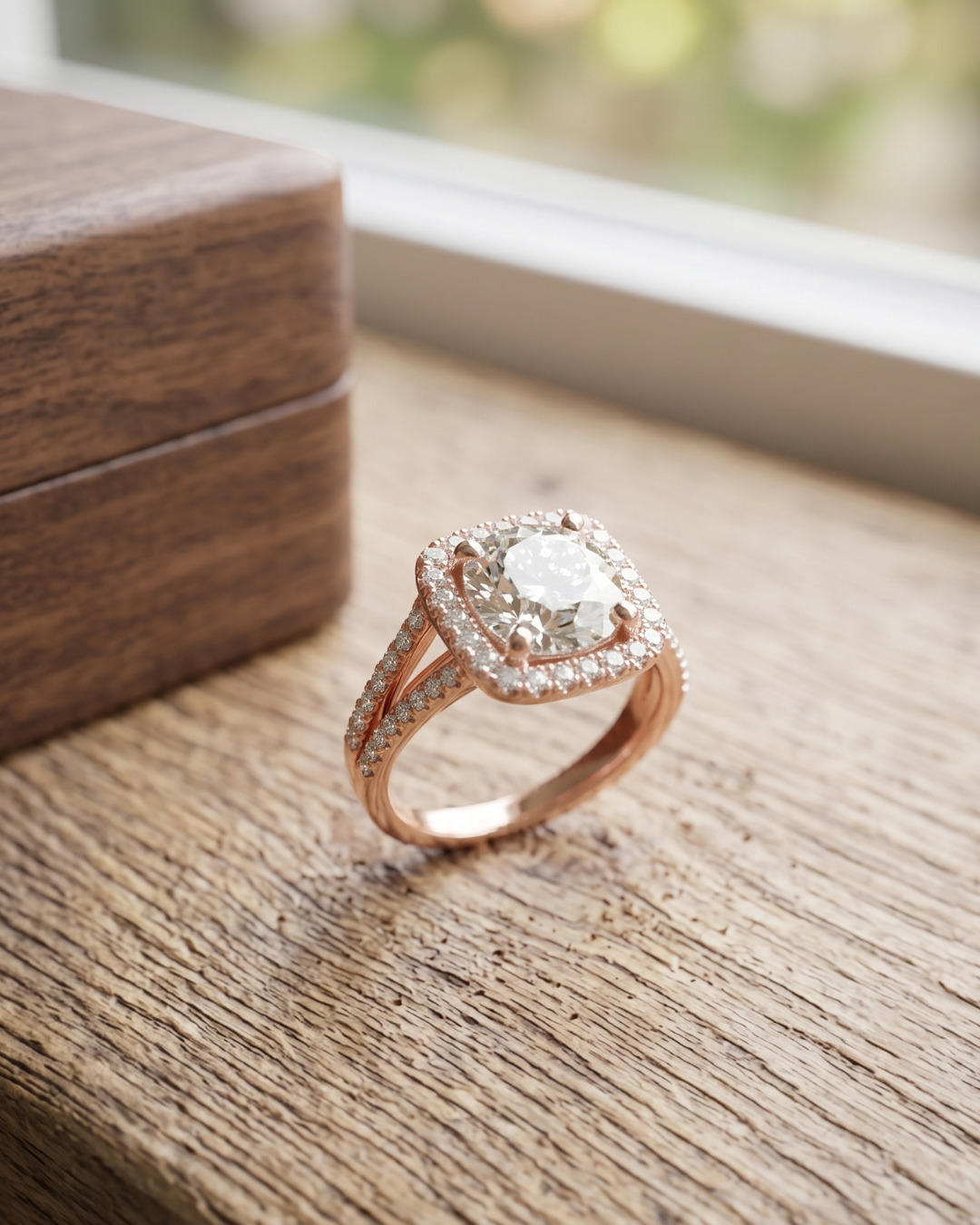 Luxury round lab-grown diamond halo ring by Kiashaa Jewellery in rose gold with a four-prong center setting.