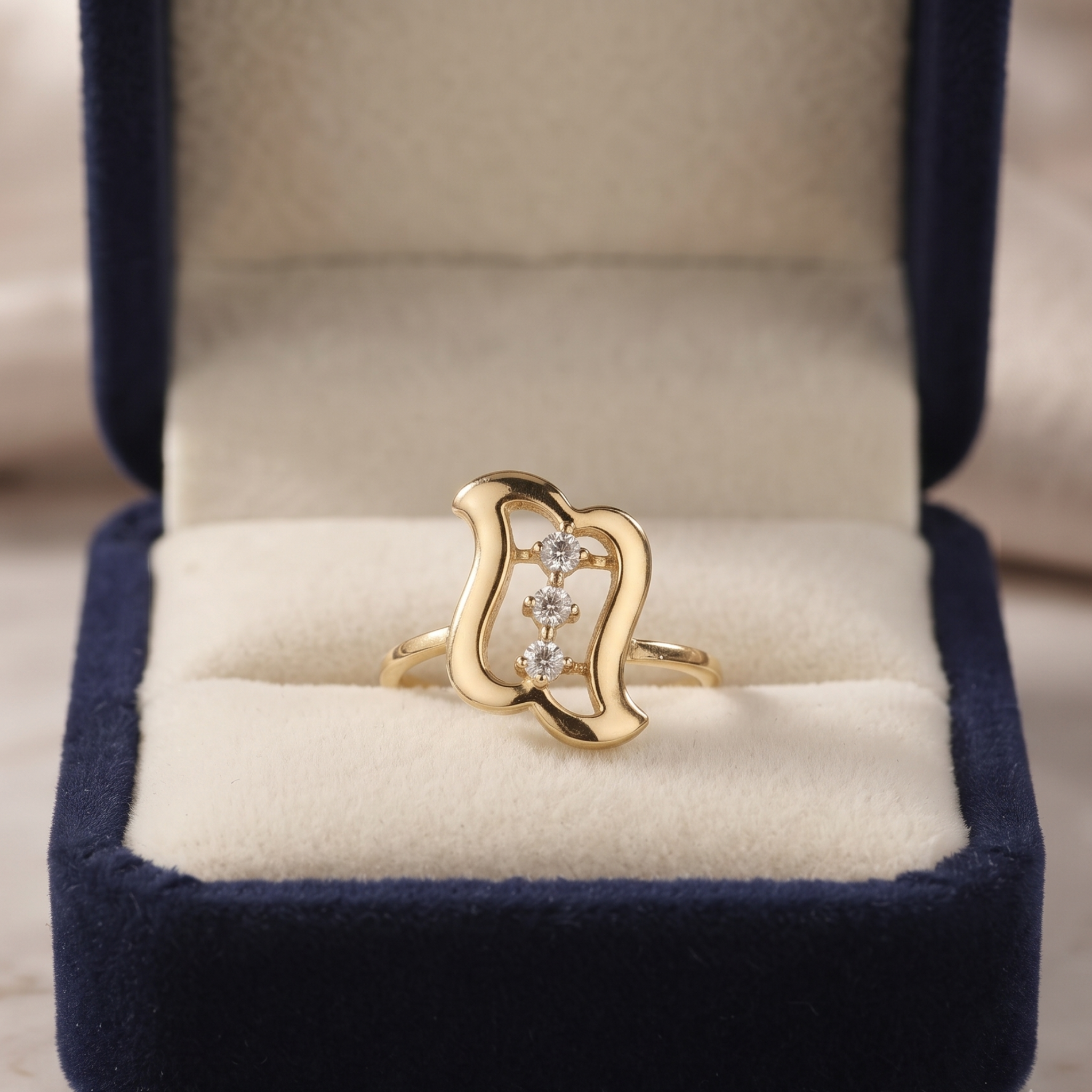 A gold ring with three small clear stones set in an abstract curved frame, displayed in an open navy blue velvet ring box with a cream cushion.