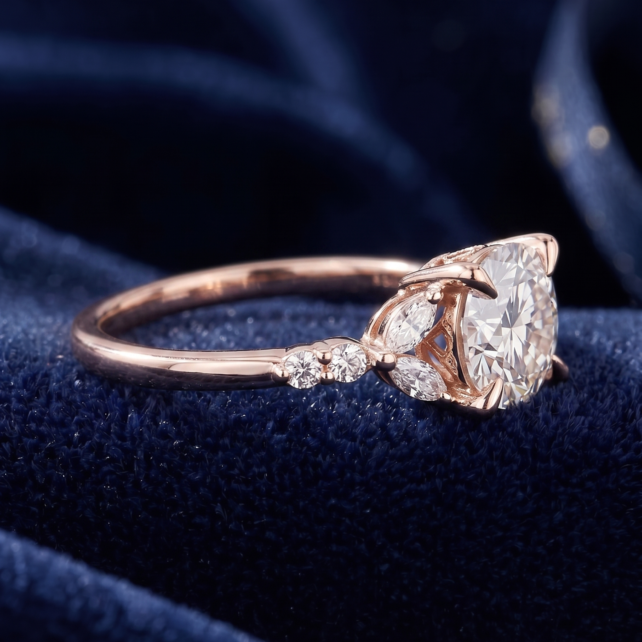 Round brilliant engagement ring with eight marquise diamond accents