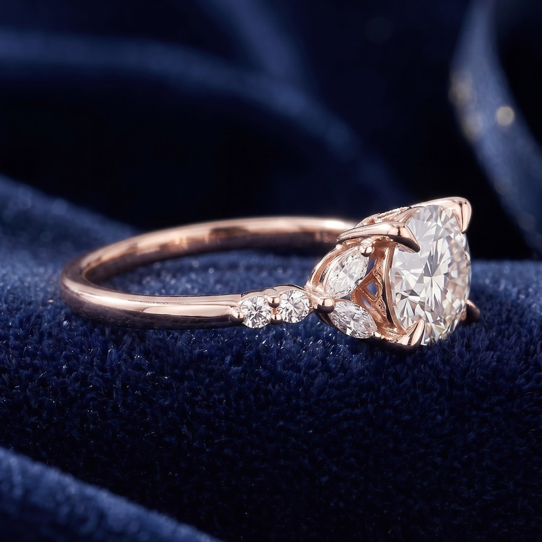 Round brilliant engagement ring with eight marquise diamond accents