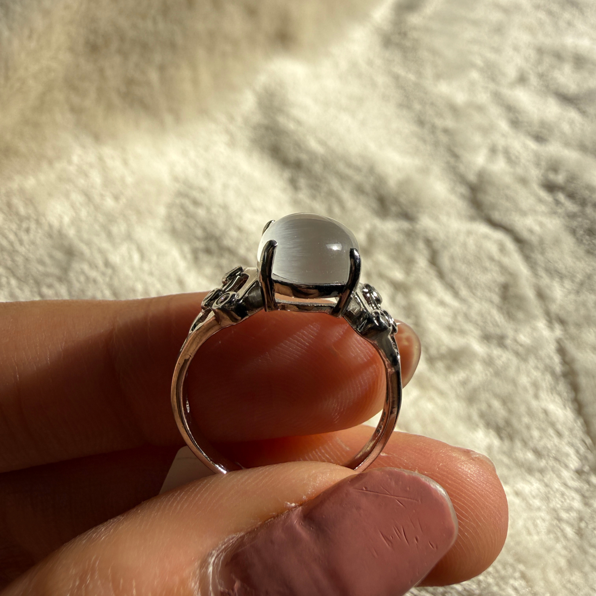 White cat's eye gemstone and lab-grown diamond ring by Kiashaa Jewellery.
