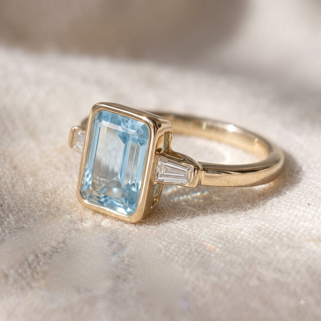 Yellow gold bezel-set blue center engagement ring