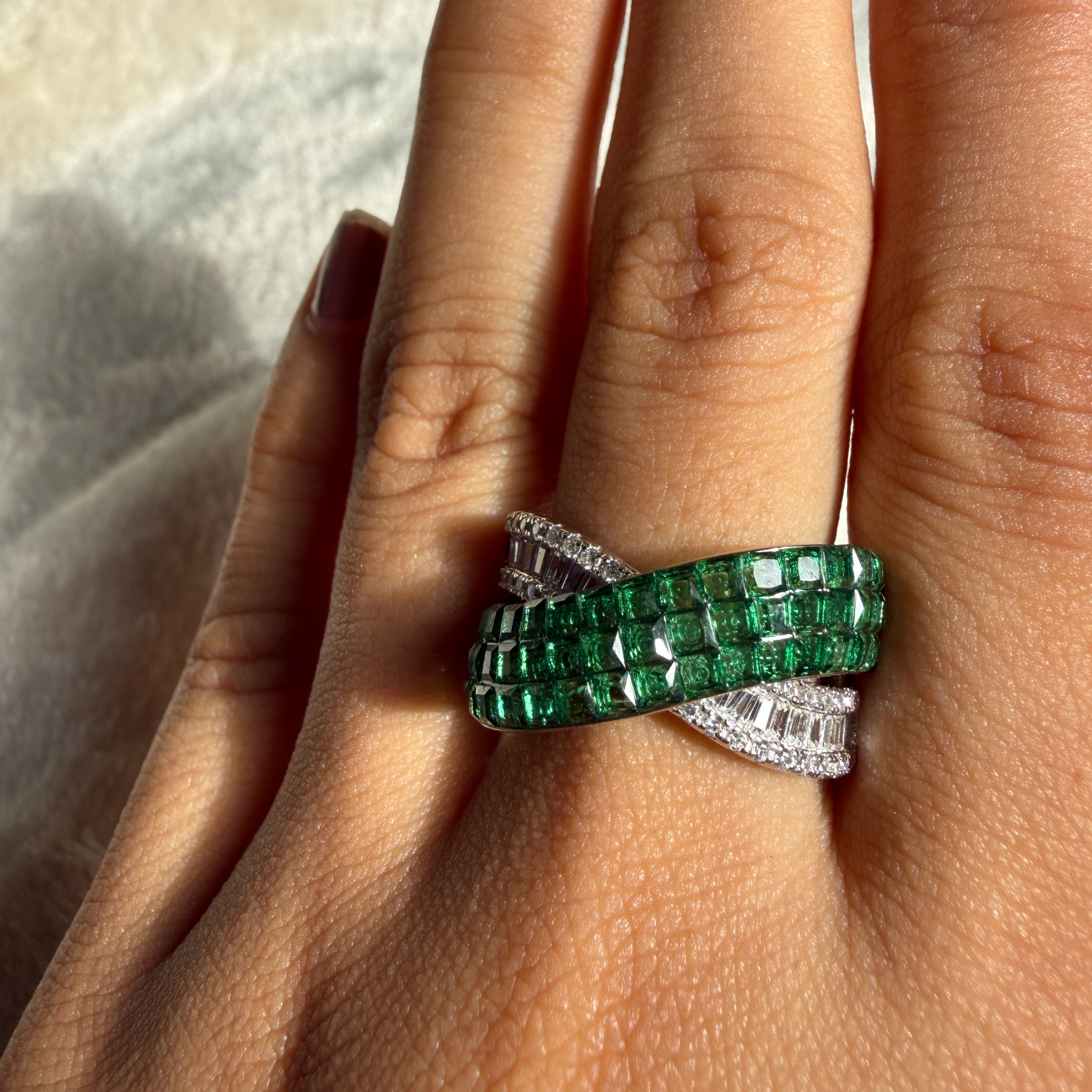 Green CZ and lab-grown diamond bypass statement ring by Kiashaa Jewellery.