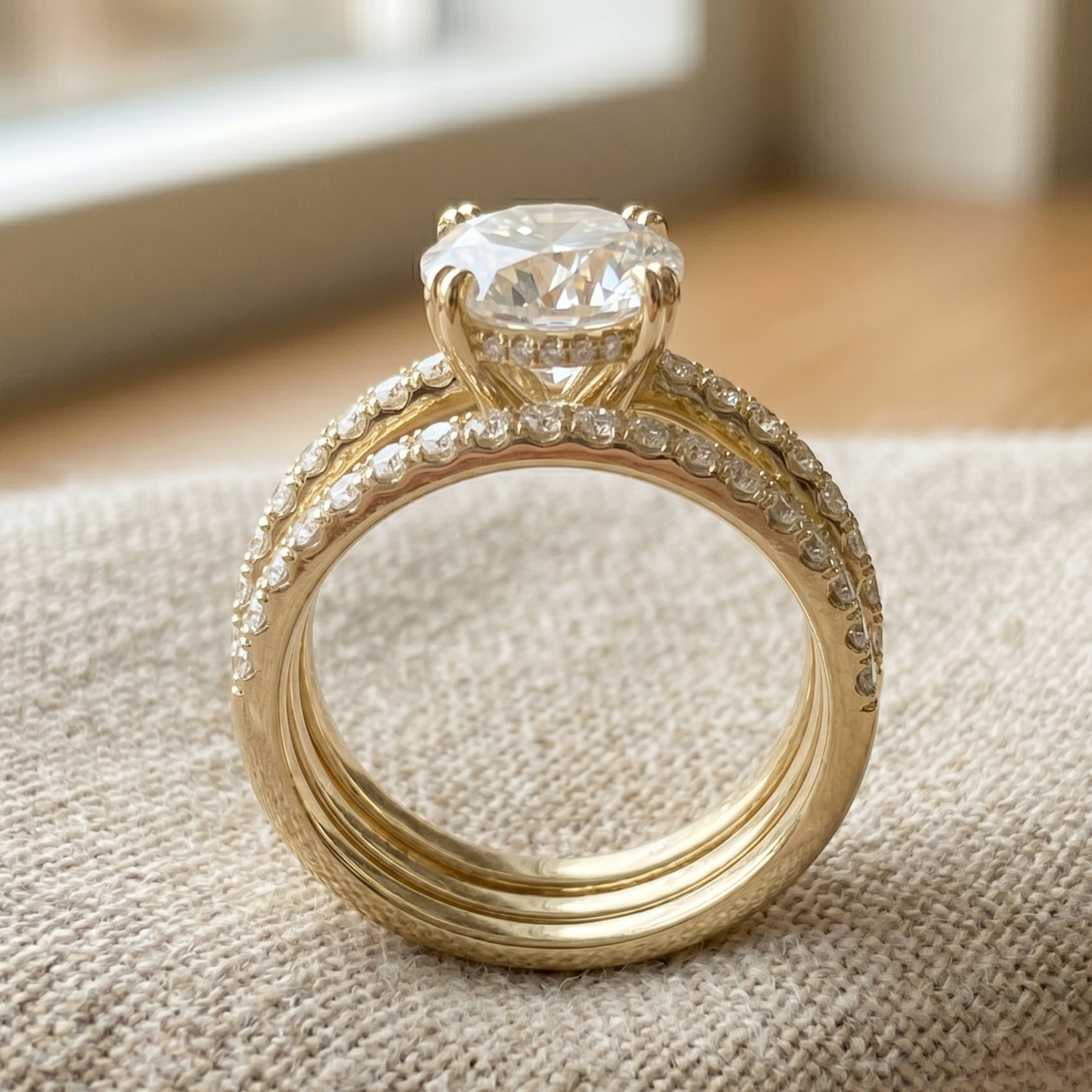A gold engagement ring with a large round clear center stone and a matching diamond-set band, resting on a textured beige fabric surface with a softly blurred indoor background.