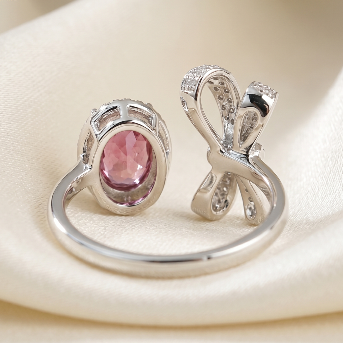 Rosette Bow 3 CTW pink oval diamond open ring by Kiashaa Jewellery in white gold with a bow-inspired diamond design.