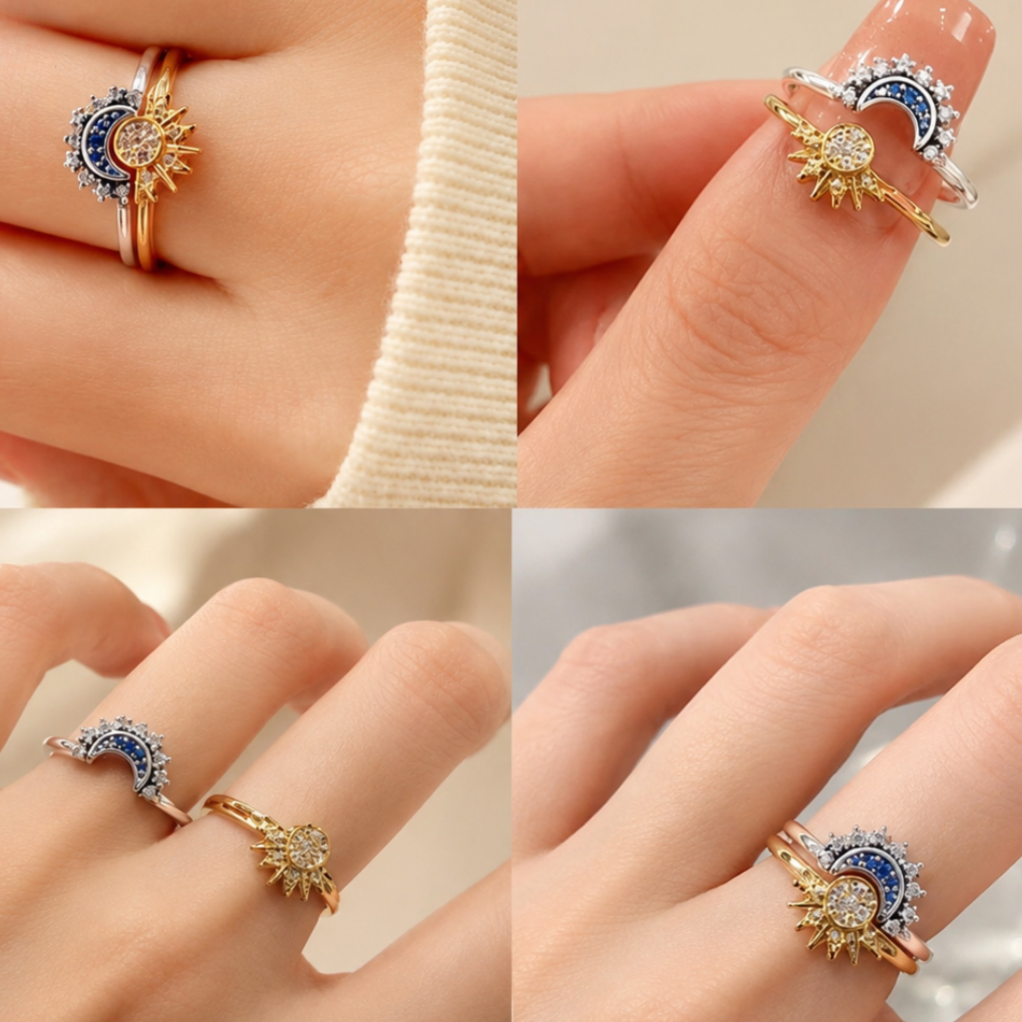 A four-panel collage showing a ring worn on a finger from multiple angles. The ring features a crescent moon and sun design with blue and clear stones, set on a gold-toned band with a silver-toned alternative.