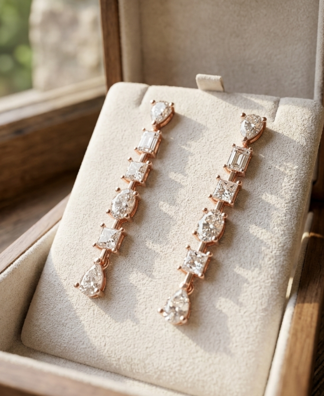 Close-up of long lab-grown diamond earrings with alternating pear, emerald, princess, and oval stones.