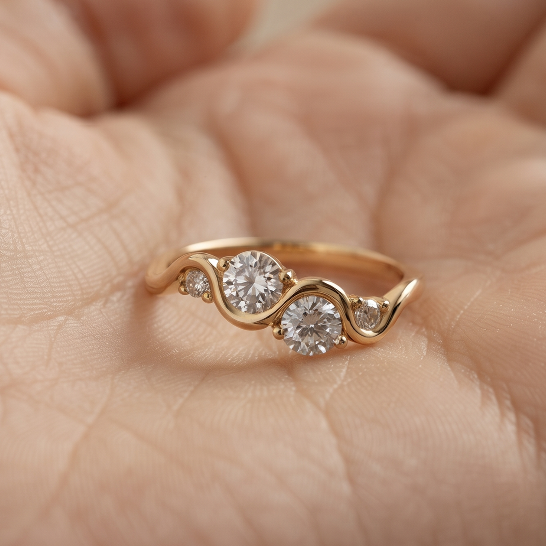 A gold ring with three round clear gemstones, resting on a person's palm.