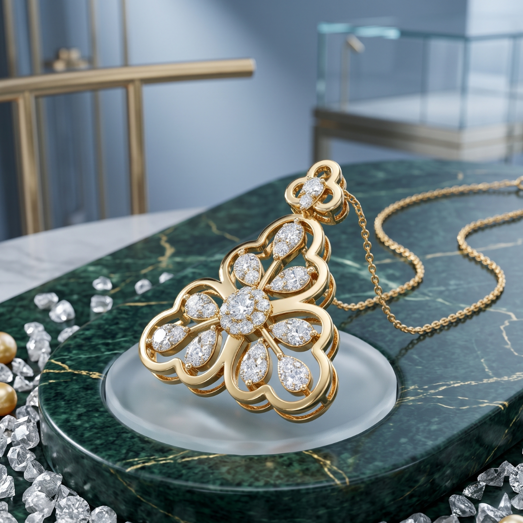 A gold pendant necklace with a floral design set with clear gemstones, displayed on a green marble stand with scattered diamonds in a jewelry store setting.
