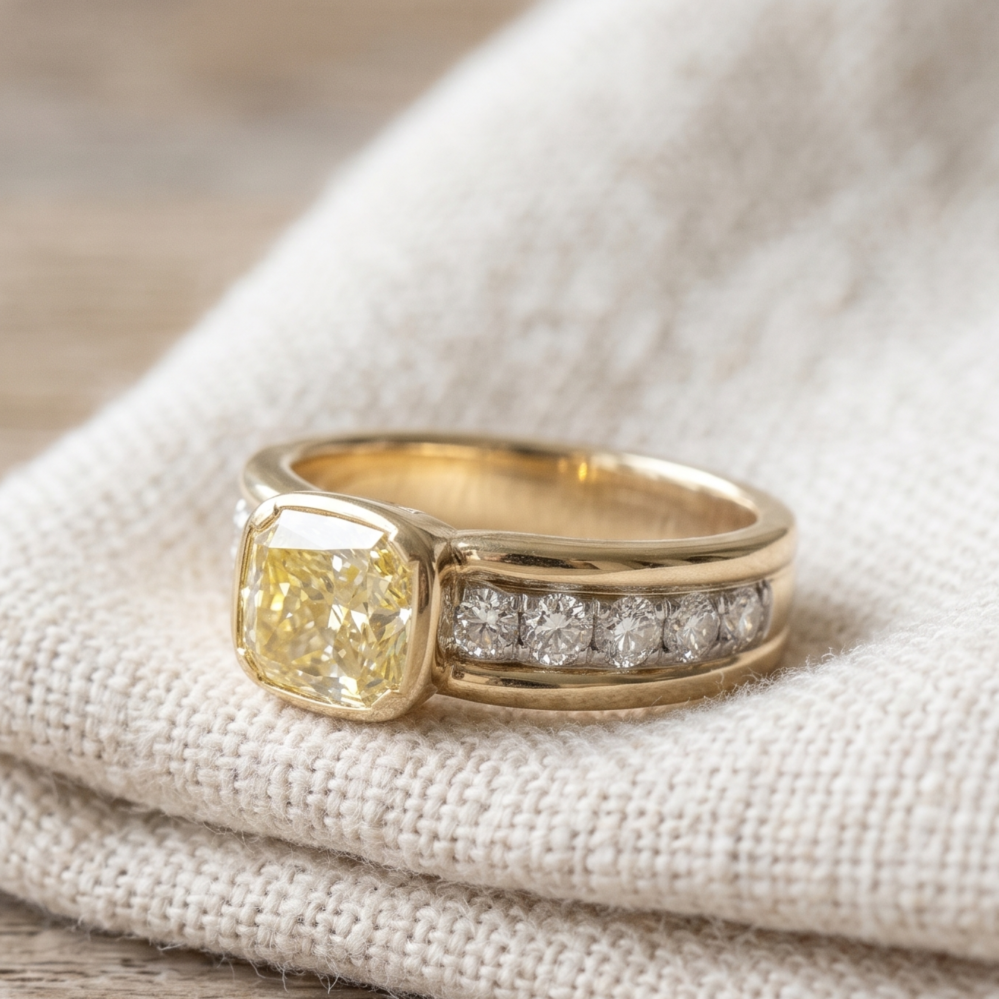 A yellow gold ring featuring a cushion-cut yellow diamond center stone and a row of small round diamonds on the band, resting on a textured cream linen fabric.
