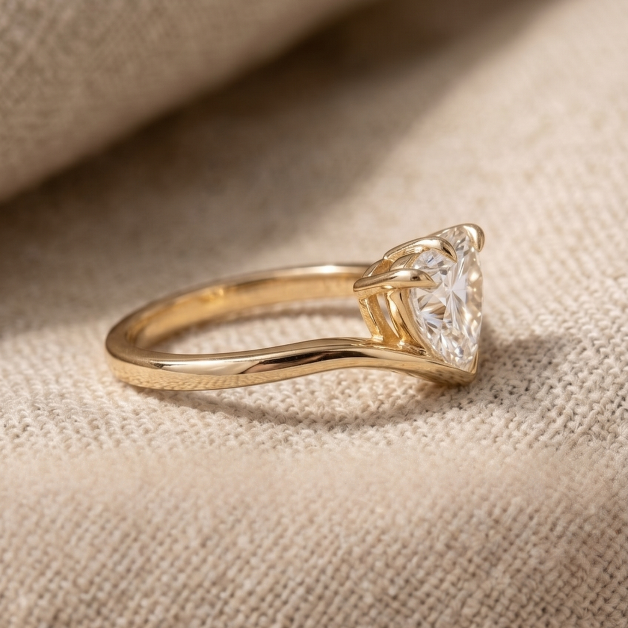 A gold solitaire ring with a triangular-cut clear gemstone, resting on a textured beige fabric background.
