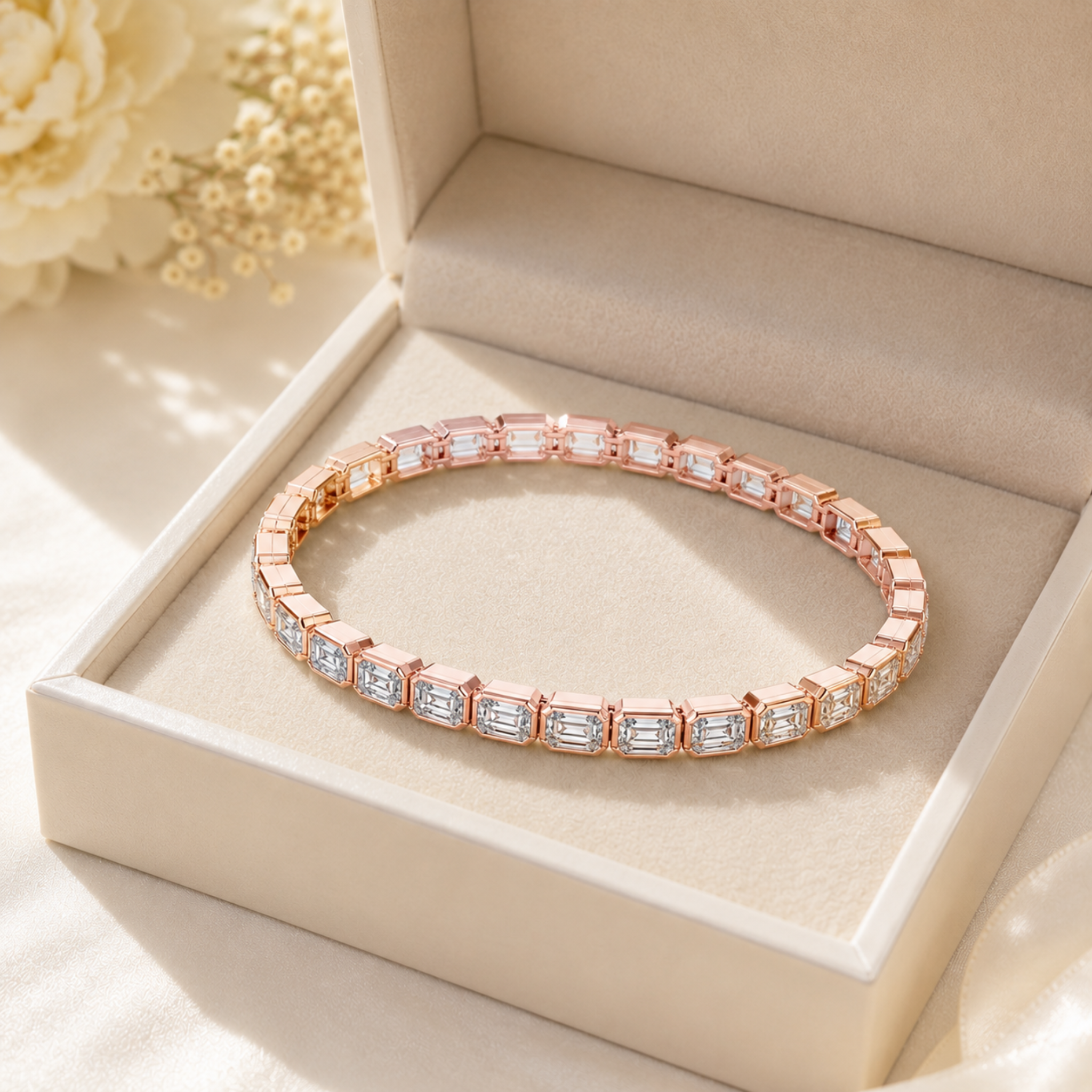 A rose gold tennis bracelet with Emerald -cut clear stones, displayed inside an open beige jewelry box on a soft cream surface.