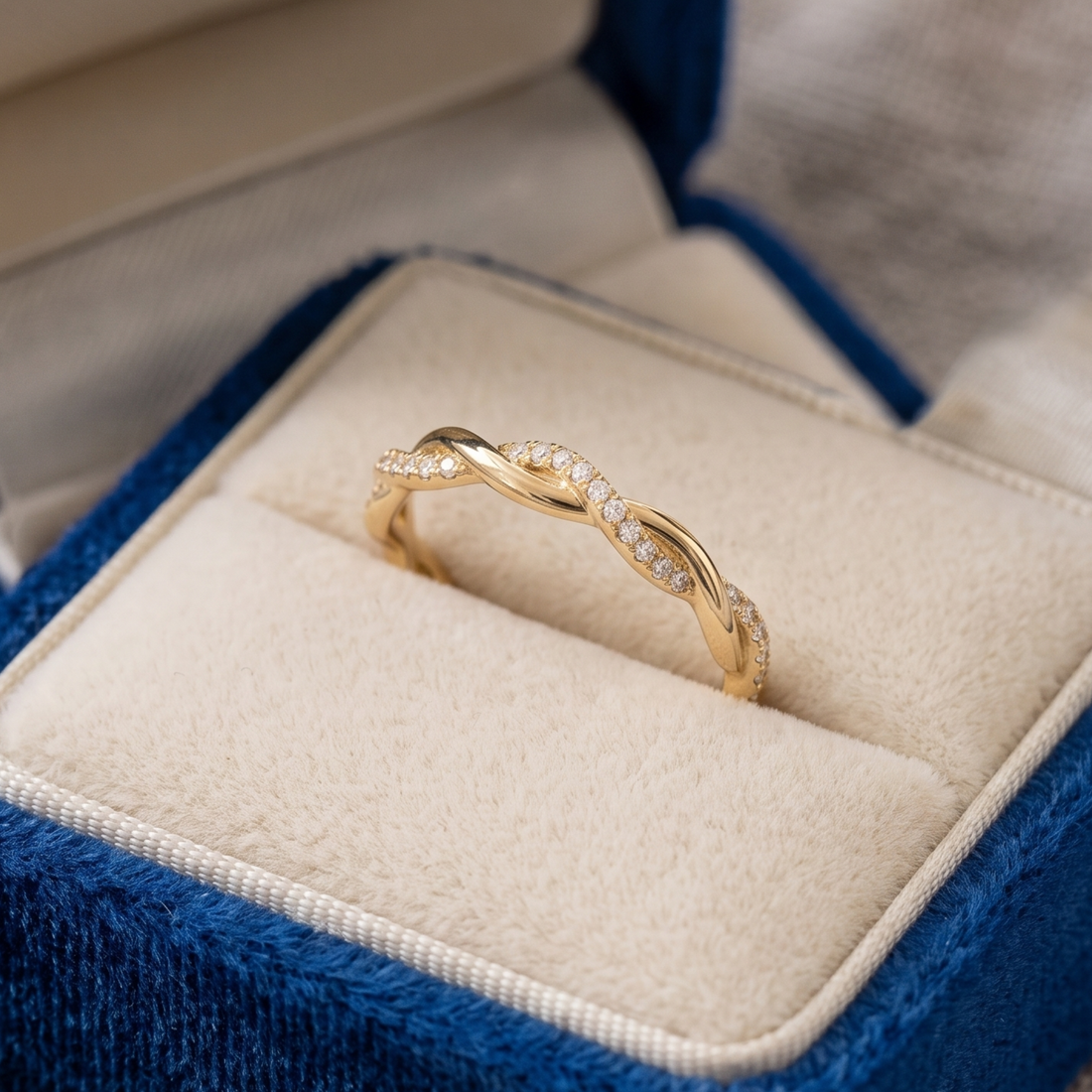 1.30 mm round diamond twist ring in 9K 14K and 18K gold