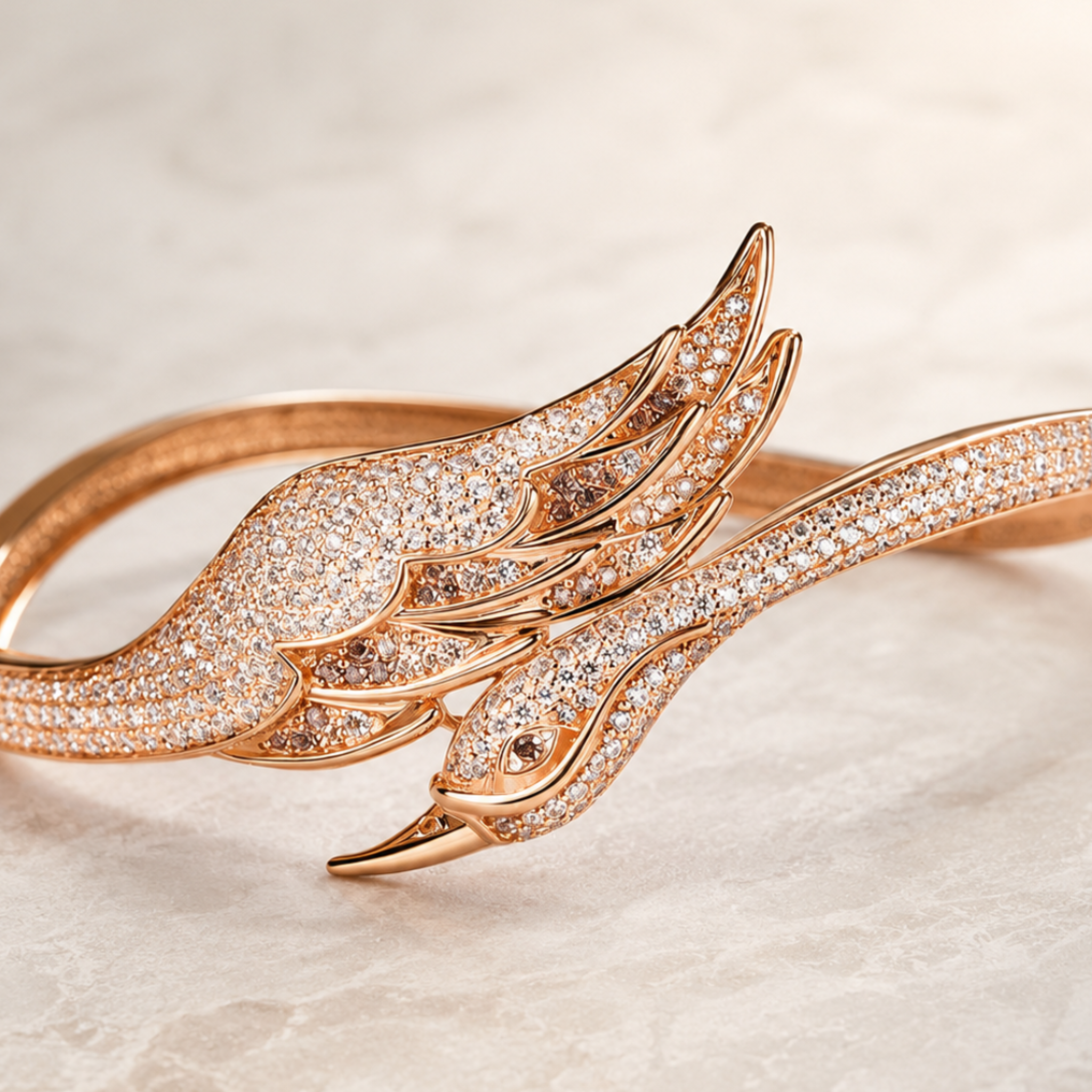 Celeste Swan Wing 2 CTW diamond open ring by Kiashaa Jewellery in rose gold with a bird-inspired wing and head design.