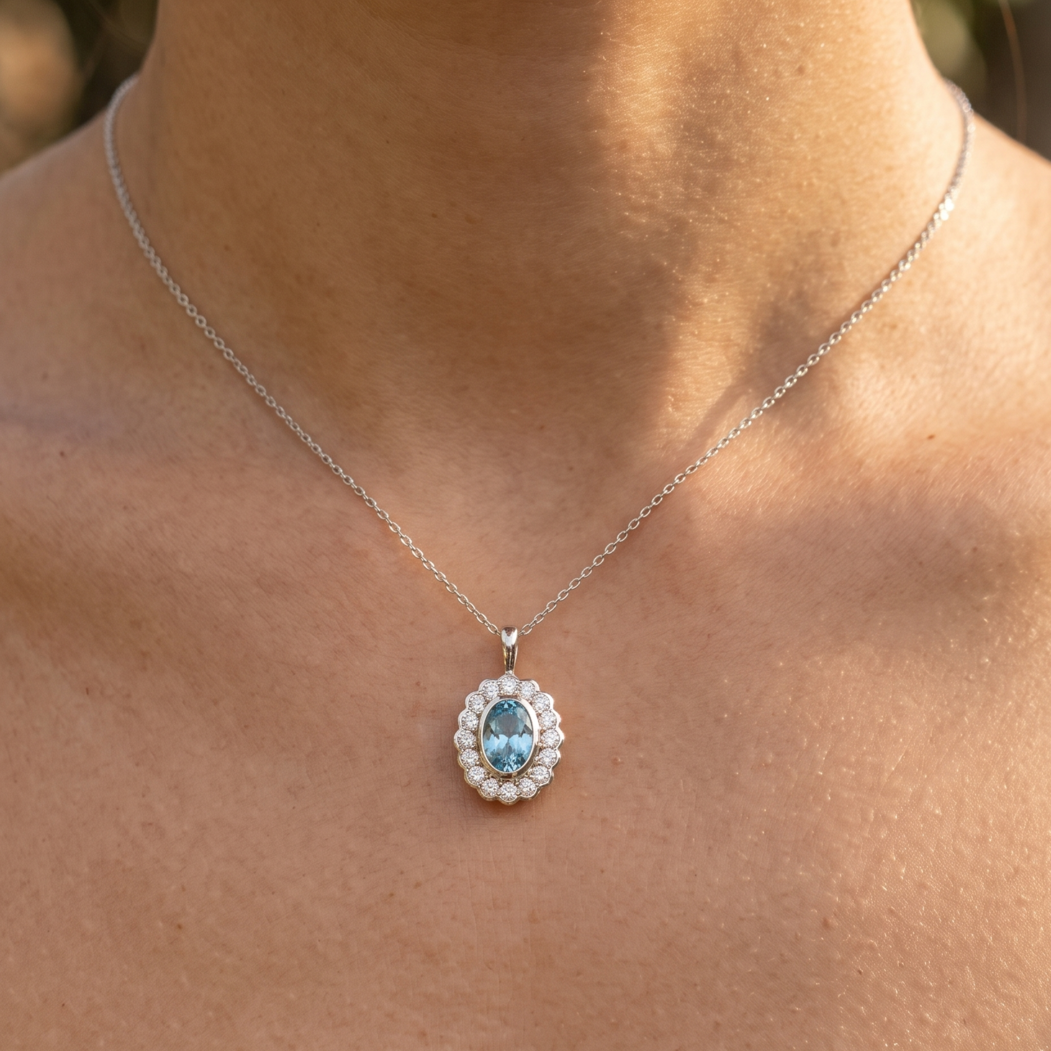 Azure Bloom 1.24 CTW Oval Blue Gemstone Halo Pendant Necklace in 9K, 14K & 18K Gold