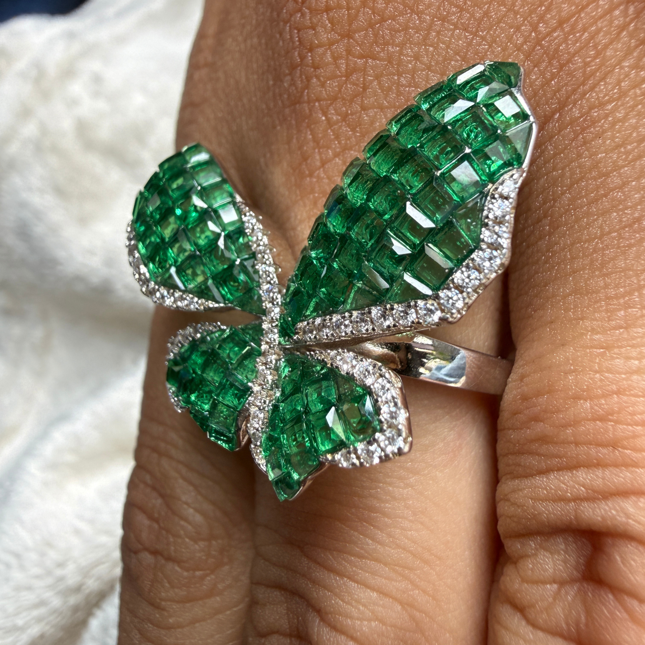 Green CZ butterfly and lab-grown diamond statement ring by Kiashaa Jewellery.