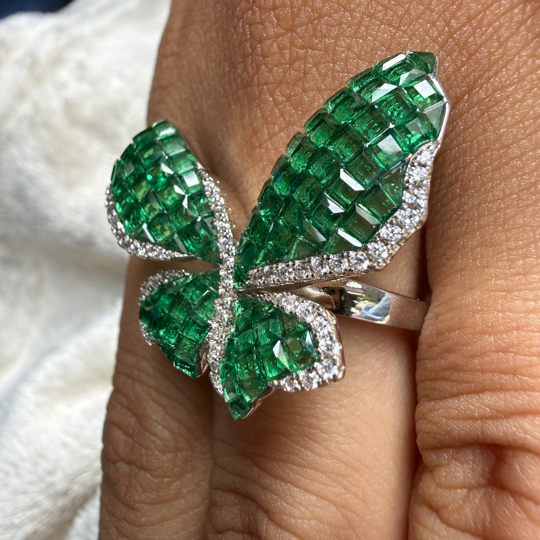 Green CZ butterfly and lab-grown diamond statement ring by Kiashaa Jewellery.