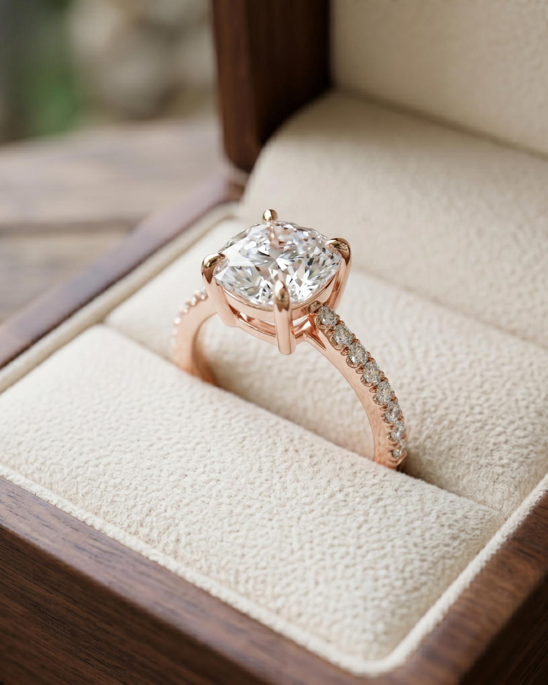 Luxury ladies cushion lab-grown diamond ring in white, yellow, or rose gold.
