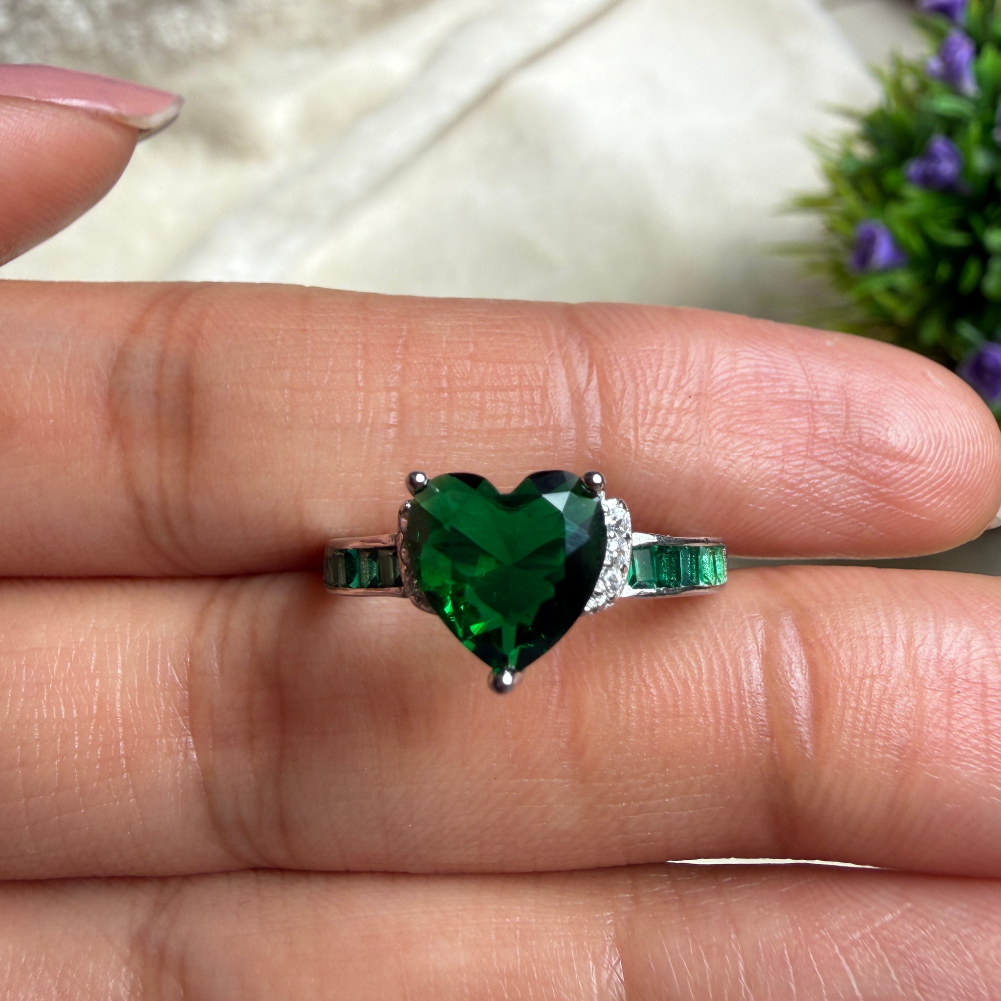 Green heart gemstone and lab-grown diamond ring in white gold by Kiashaa Jewellery.