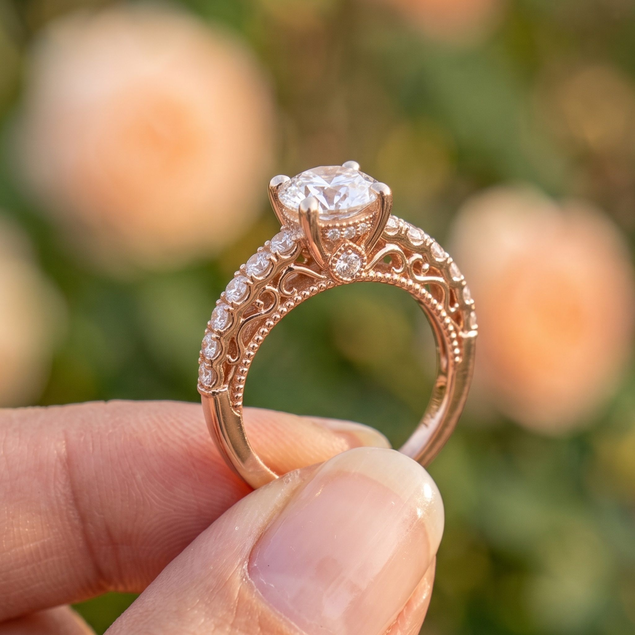 Kiashaa Jewellery 2.524 CTW vintage round diamond engagement ring in polished rose gold.