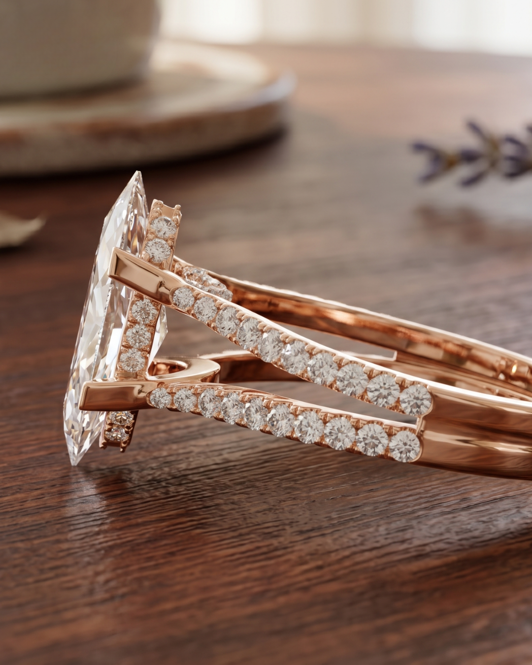 Luxury marquise and round diamond ring by Kiashaa Jewellery in rose gold with a split shank lab-grown diamond design.