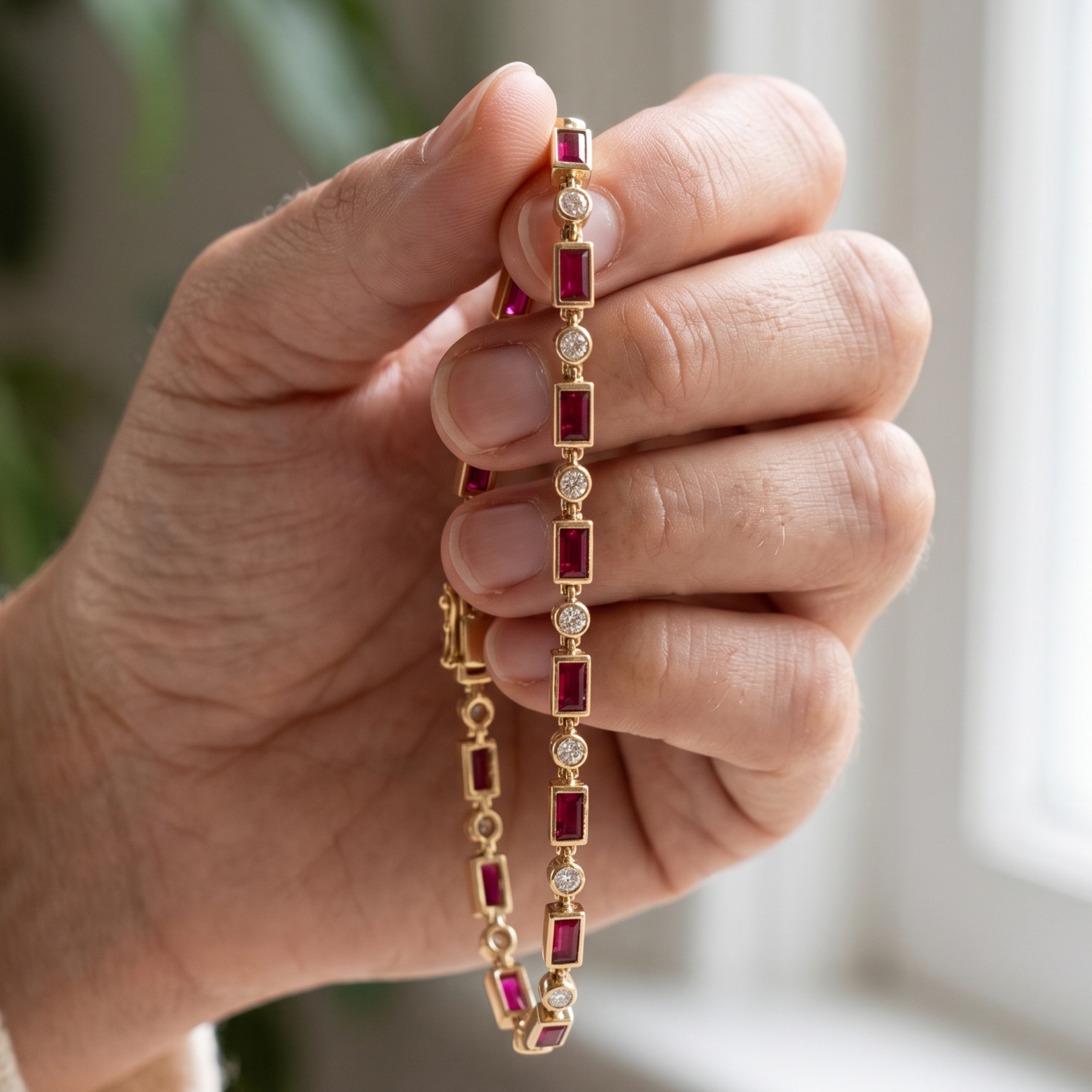 Kiashaa Jewellery 1.91 CTW red baguette and round diamond bracelet in polished yellow gold.