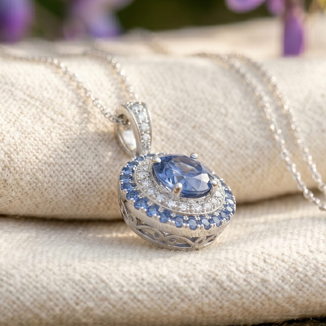 A silver pendant necklace with a round blue sapphire center stone and a halo of small clear stones, resting on a textured beige fabric background.