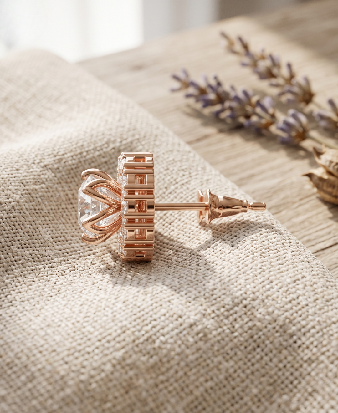 Luxury round diamond halo earrings in rose gold for bridal jewellery and weddings.