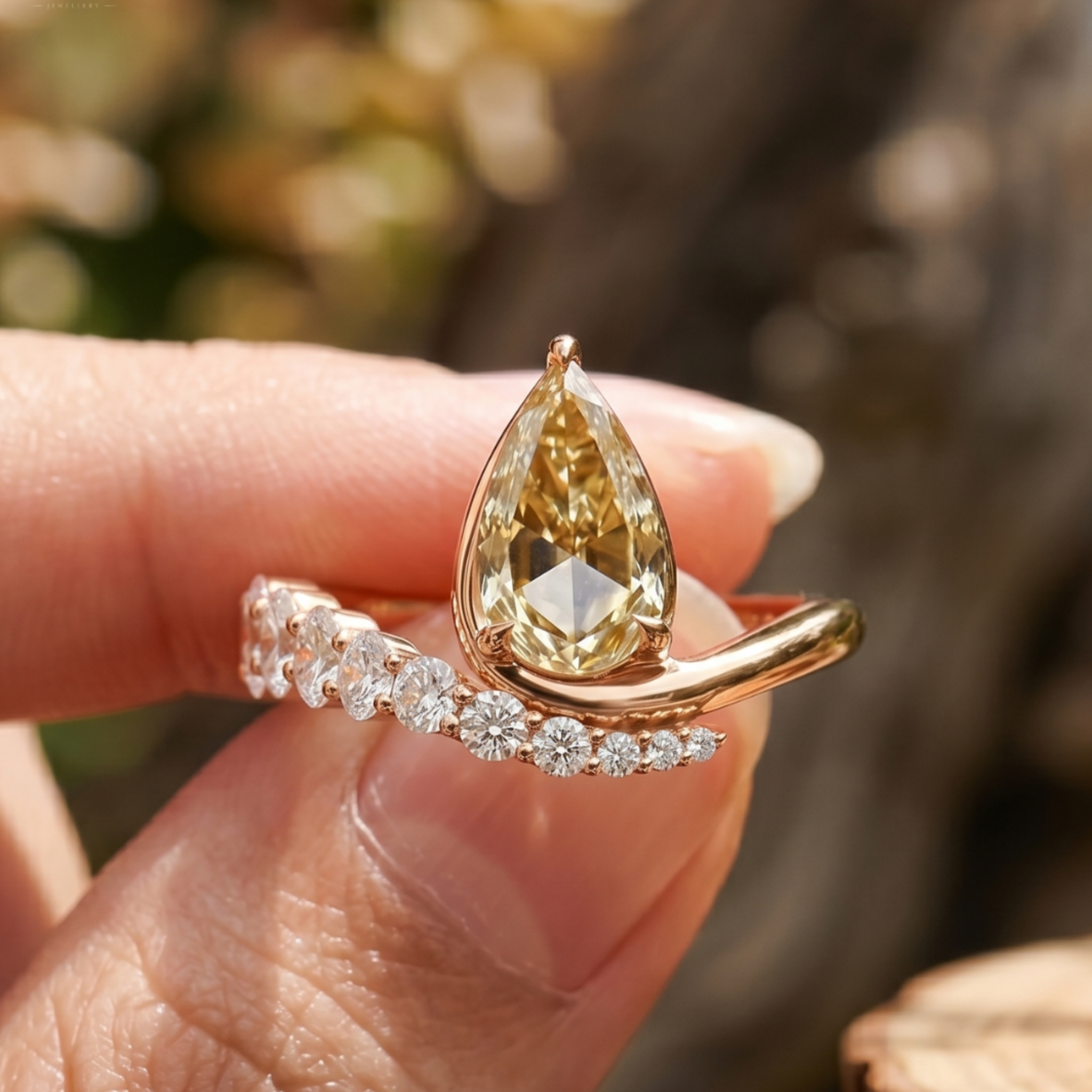 Aurelia 4.50 CTW pear diamond bypass ring by Kiashaa Jewellery featuring a 3 CT pear center diamond in polished yellow gold.