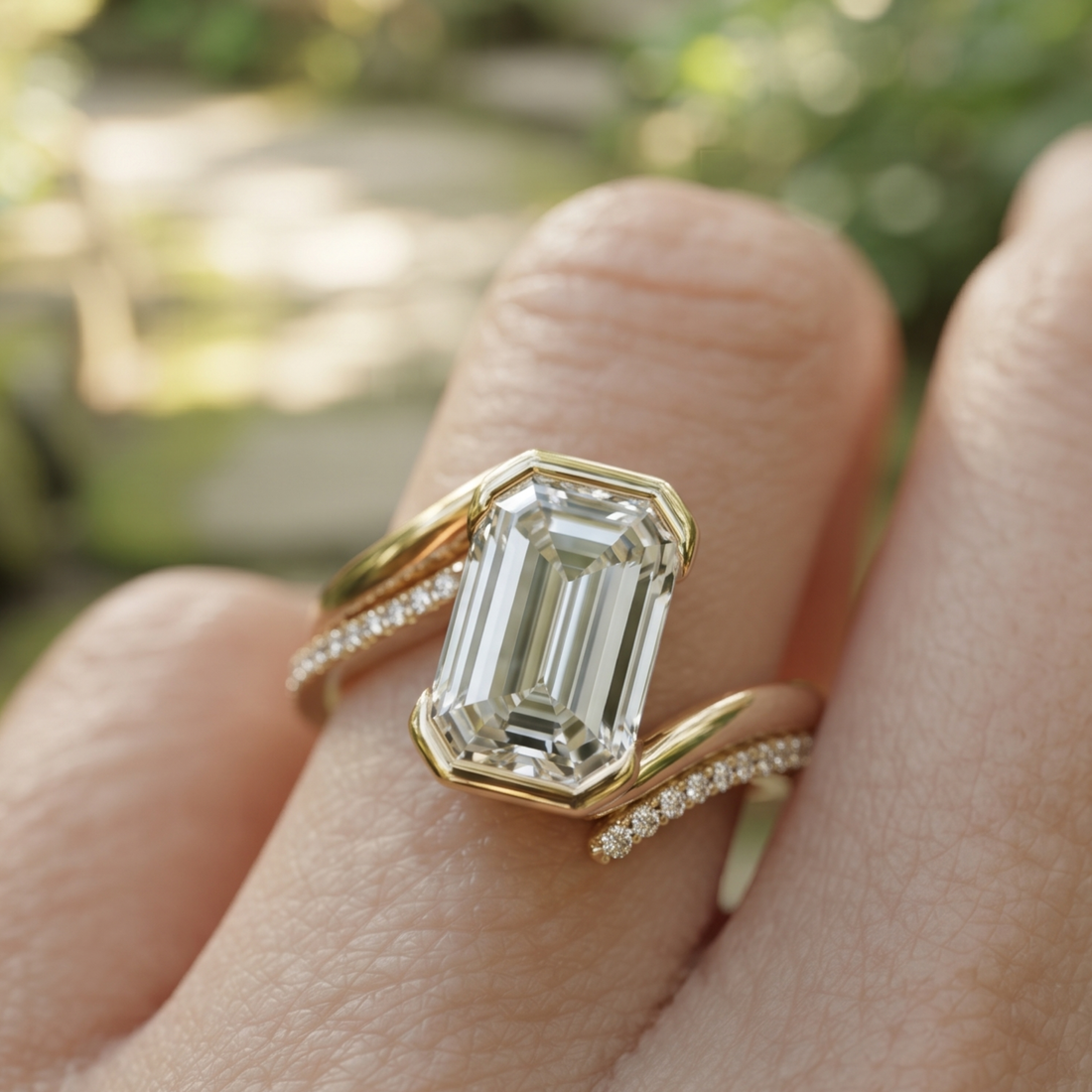 2 CT Emerald-Cut Diamond Bypass Ring with Pavé Accents in 14K & 18K Gold