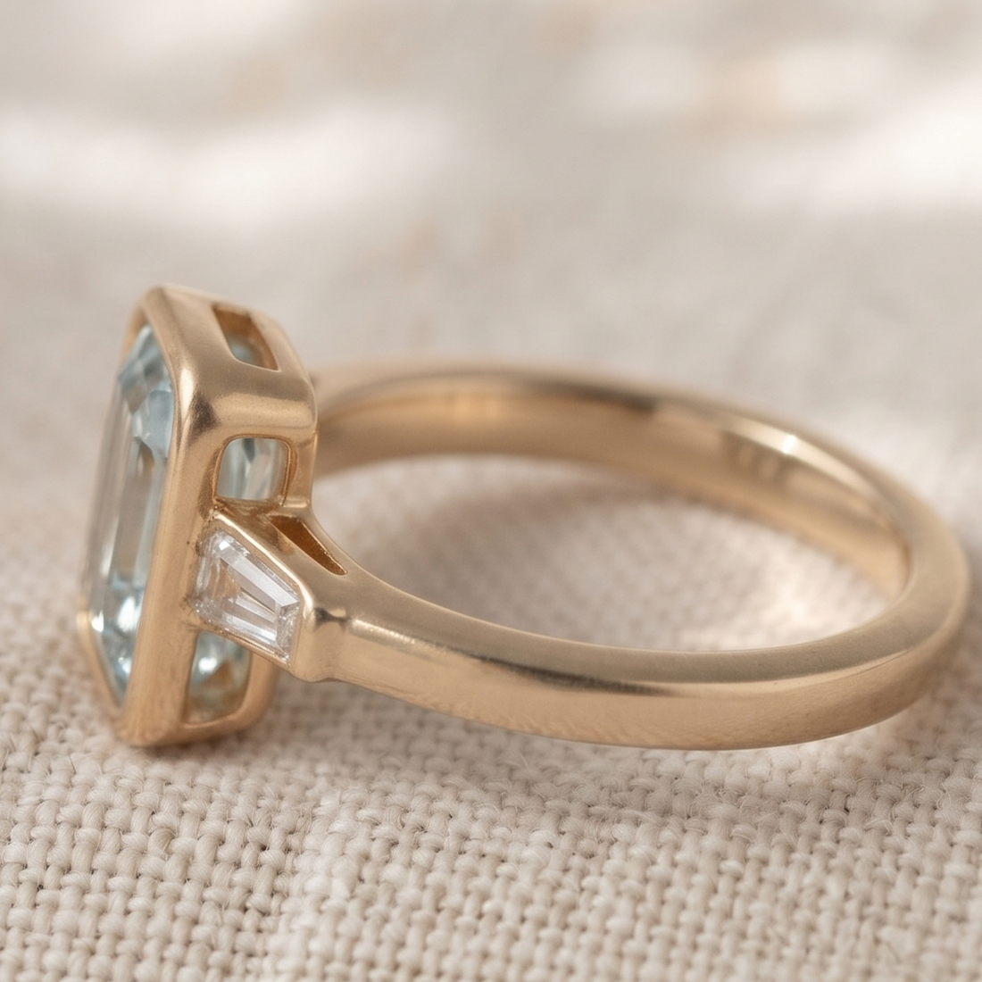 Aqua Cushion 1.351 CTW Cushion & Tapered Baguette Three-Stone Ring in 9K, 14K & 18K Gold