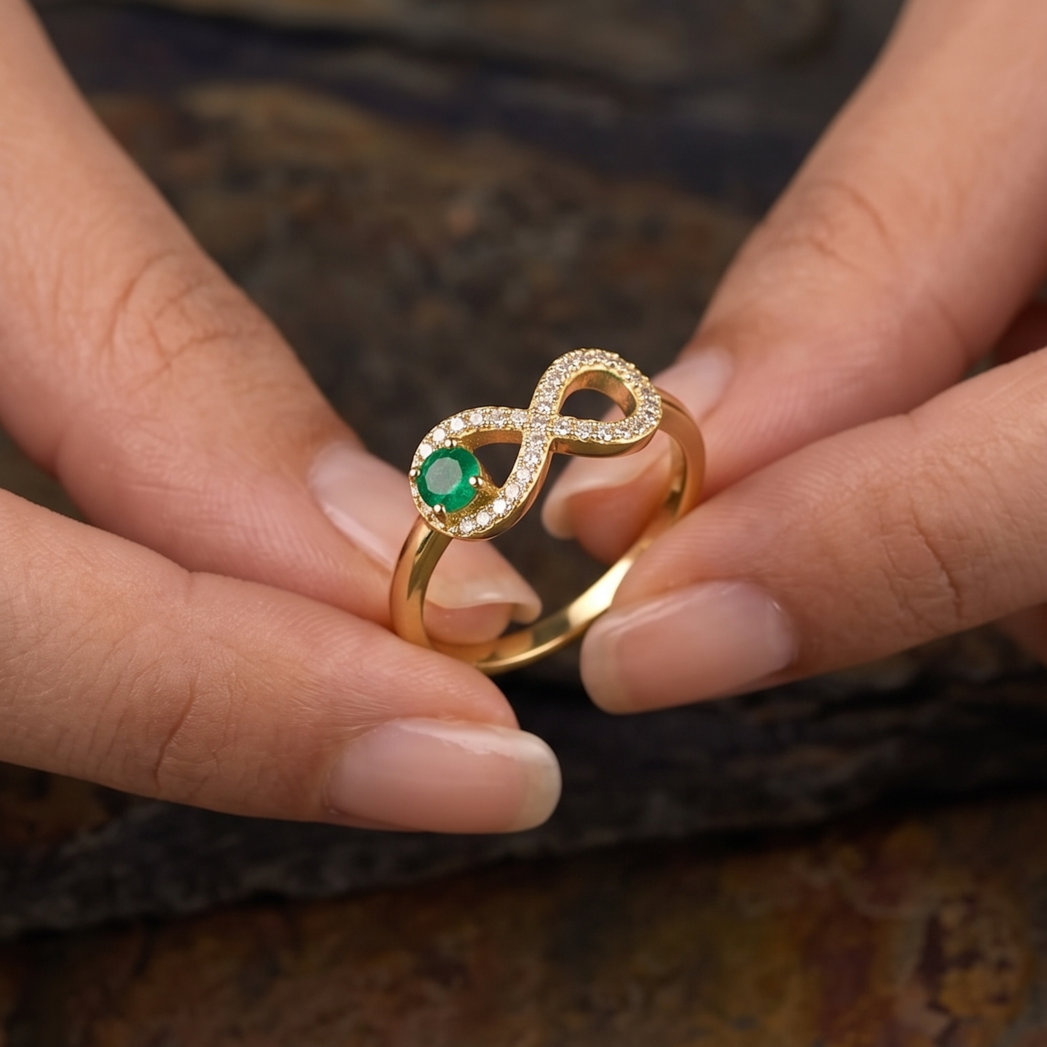 Luxury infinity ring featuring a 0.20 carat round green center diamond.