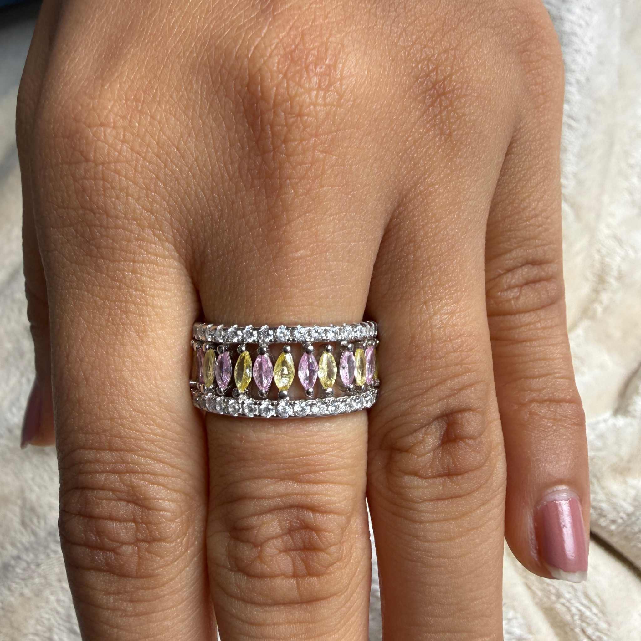 Pastel marquise gemstone and lab-grown diamond band ring by Kiashaa Jewellery.
