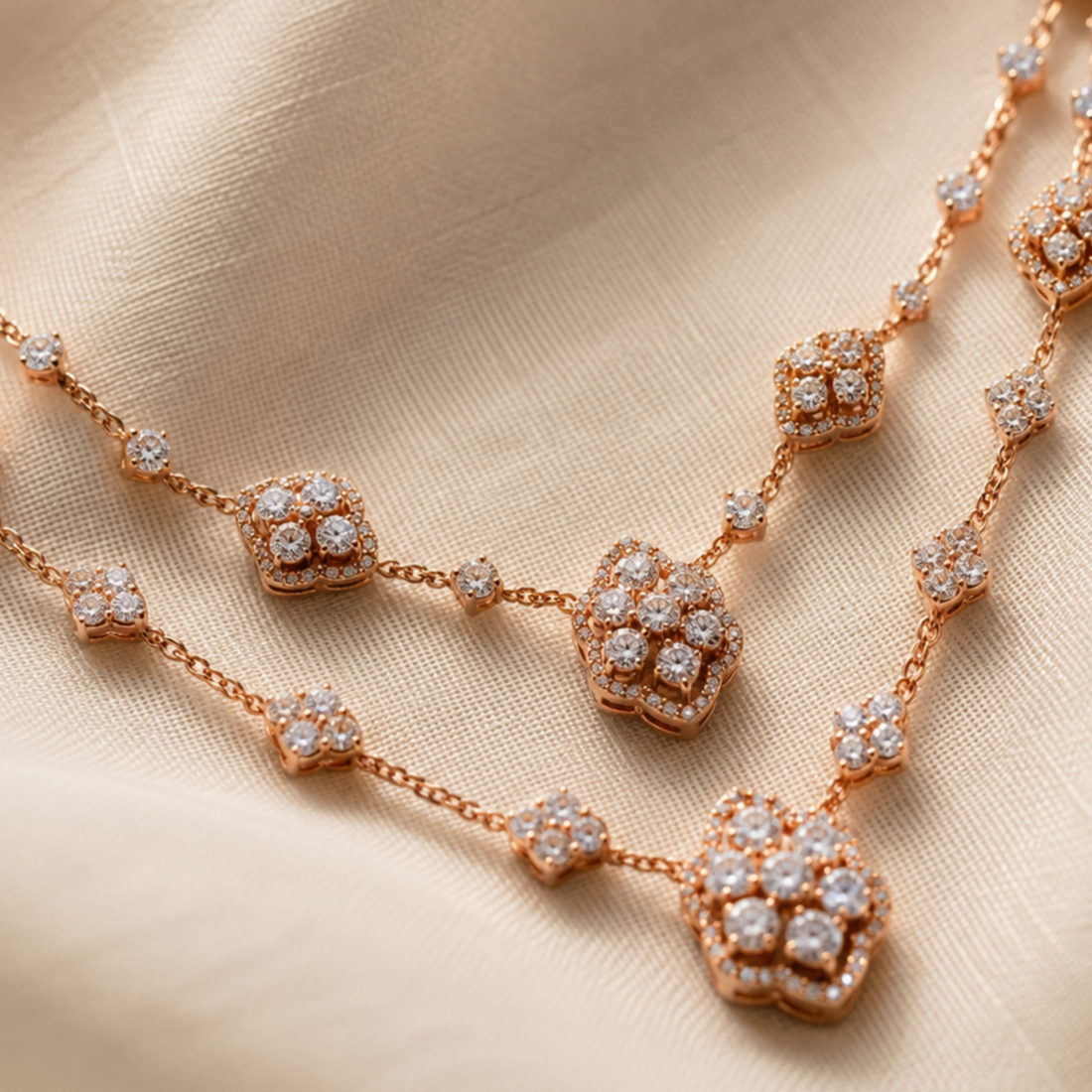 Rose gold necklace with multiple floral clusters of clear gemstones, displayed on a draped beige fabric background.