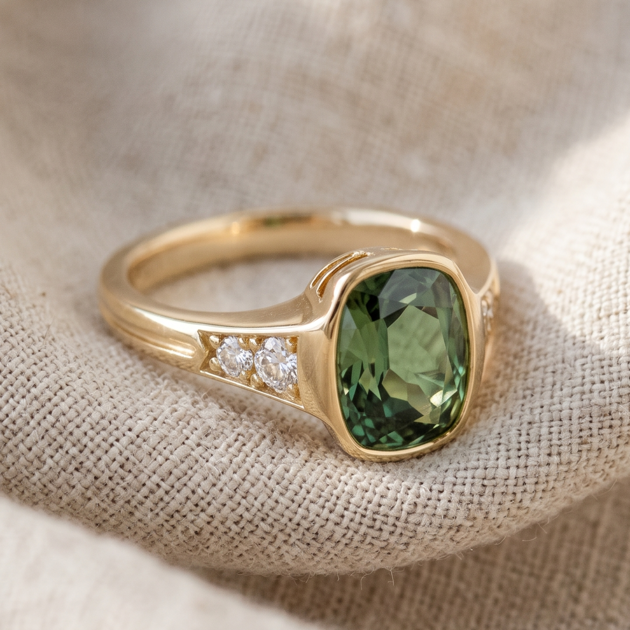 Yellow gold bezel-set green cushion engagement ring